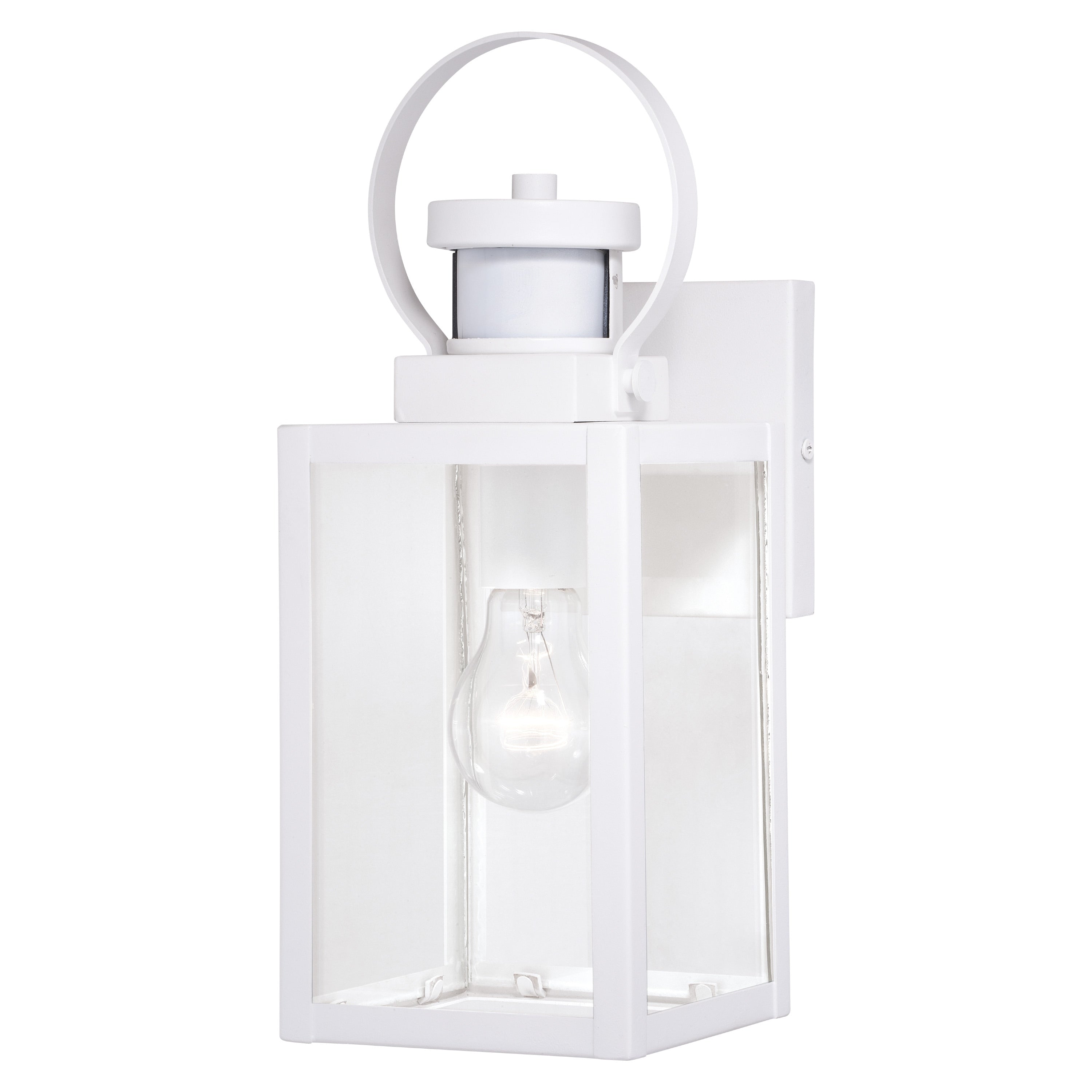 Medinah White Motion Sensor Dusk To Dawn Outdoor Wall Light Clear Glass 5 In. W X 13.25 In. H X 6.5 In. D