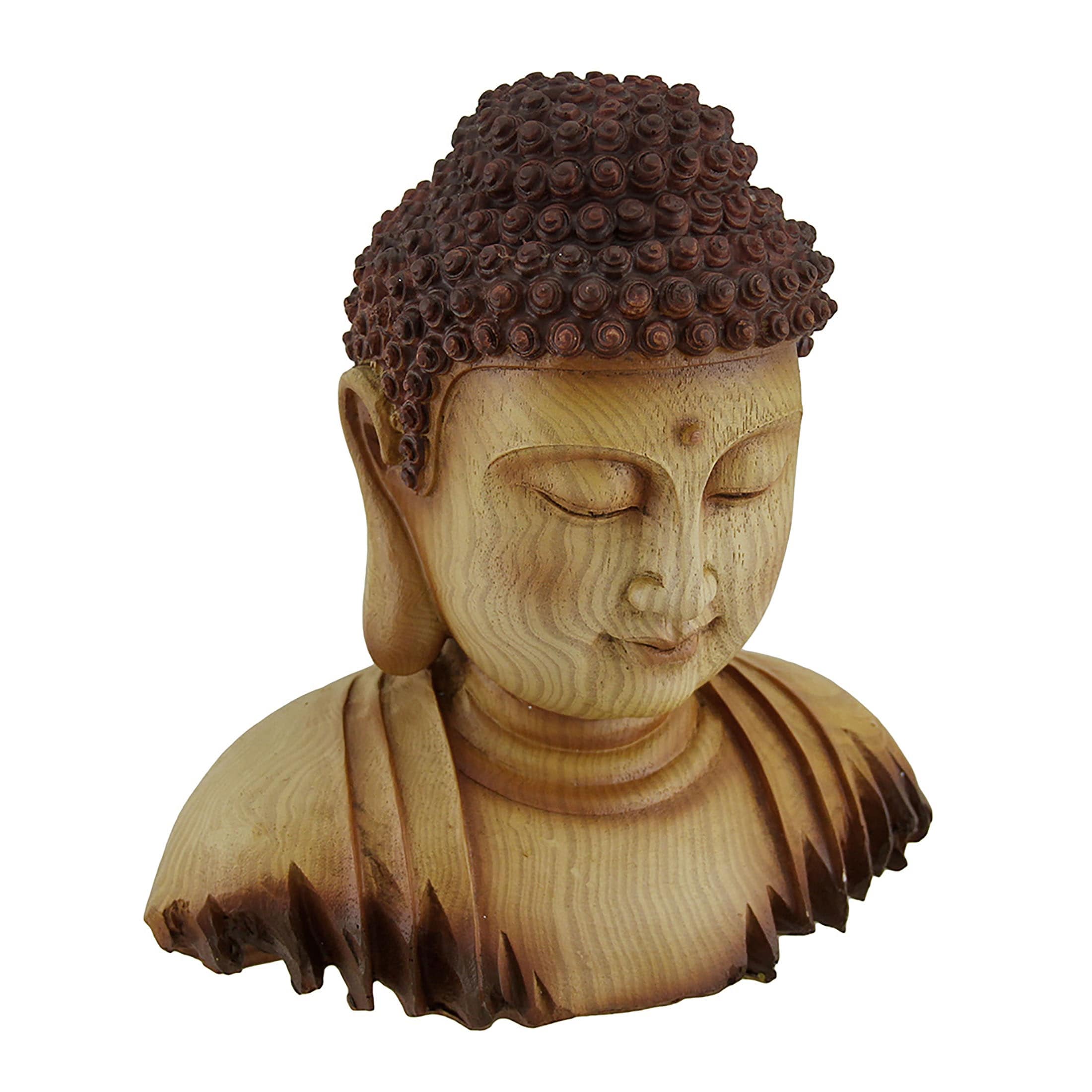 Meditating Buddha Head Decorative Faux Carved Wood Look Statue 8.5 X 8 X 5.5 Inches