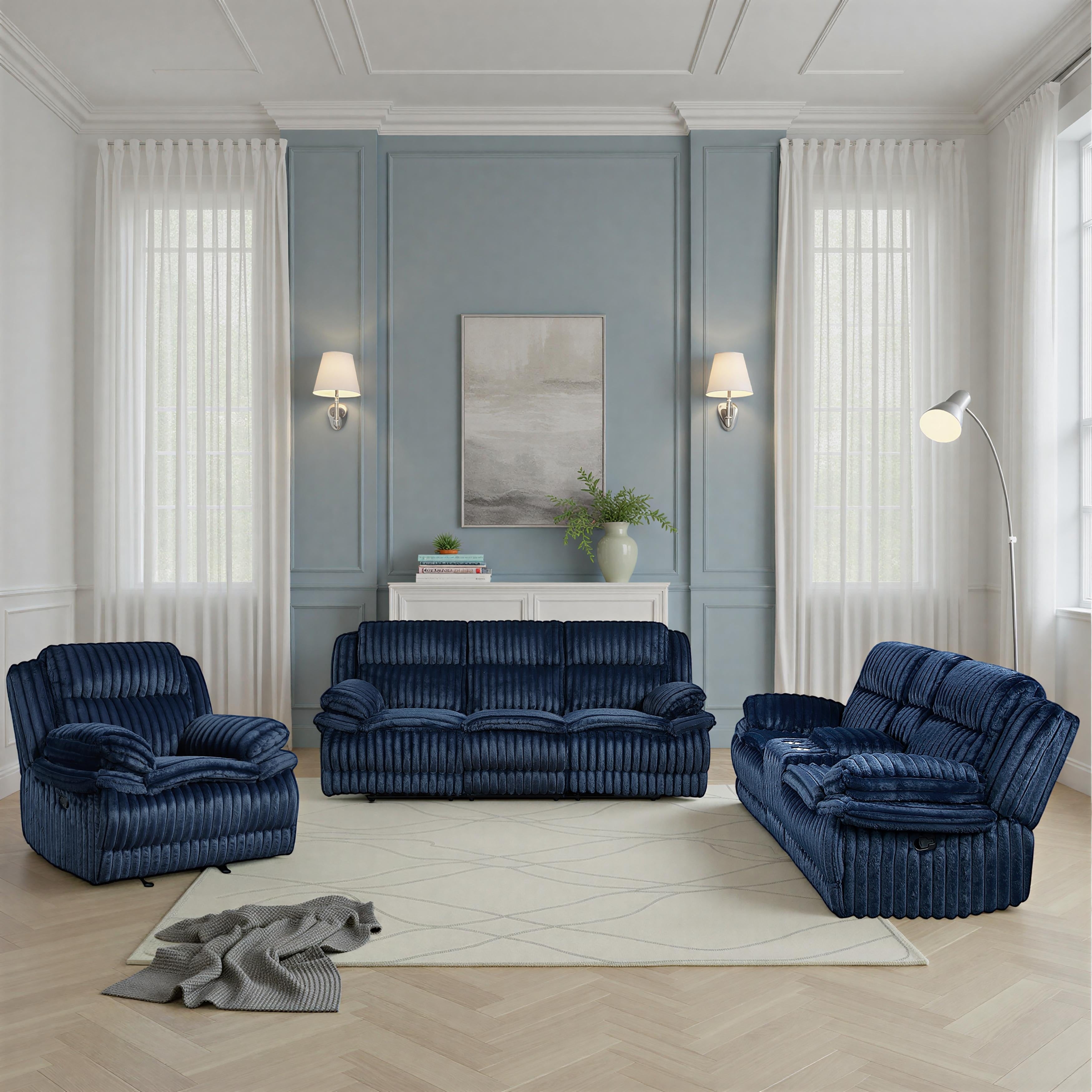 Medora Corduroy 3 Piece Manual Reclining Living Room Sofa Set