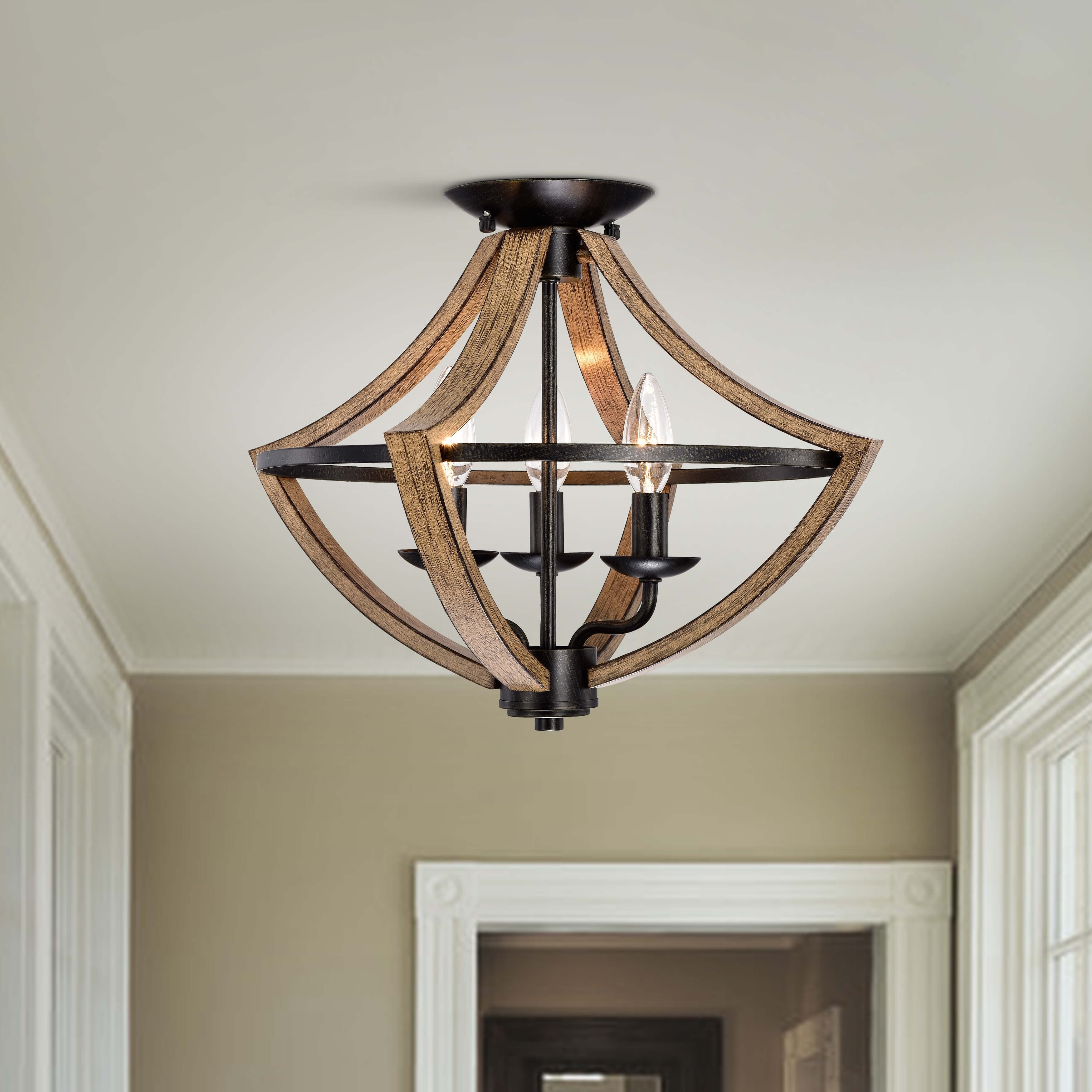 Melisa Faux Wood Grain And Antique Black Metal Semi Flush Mount