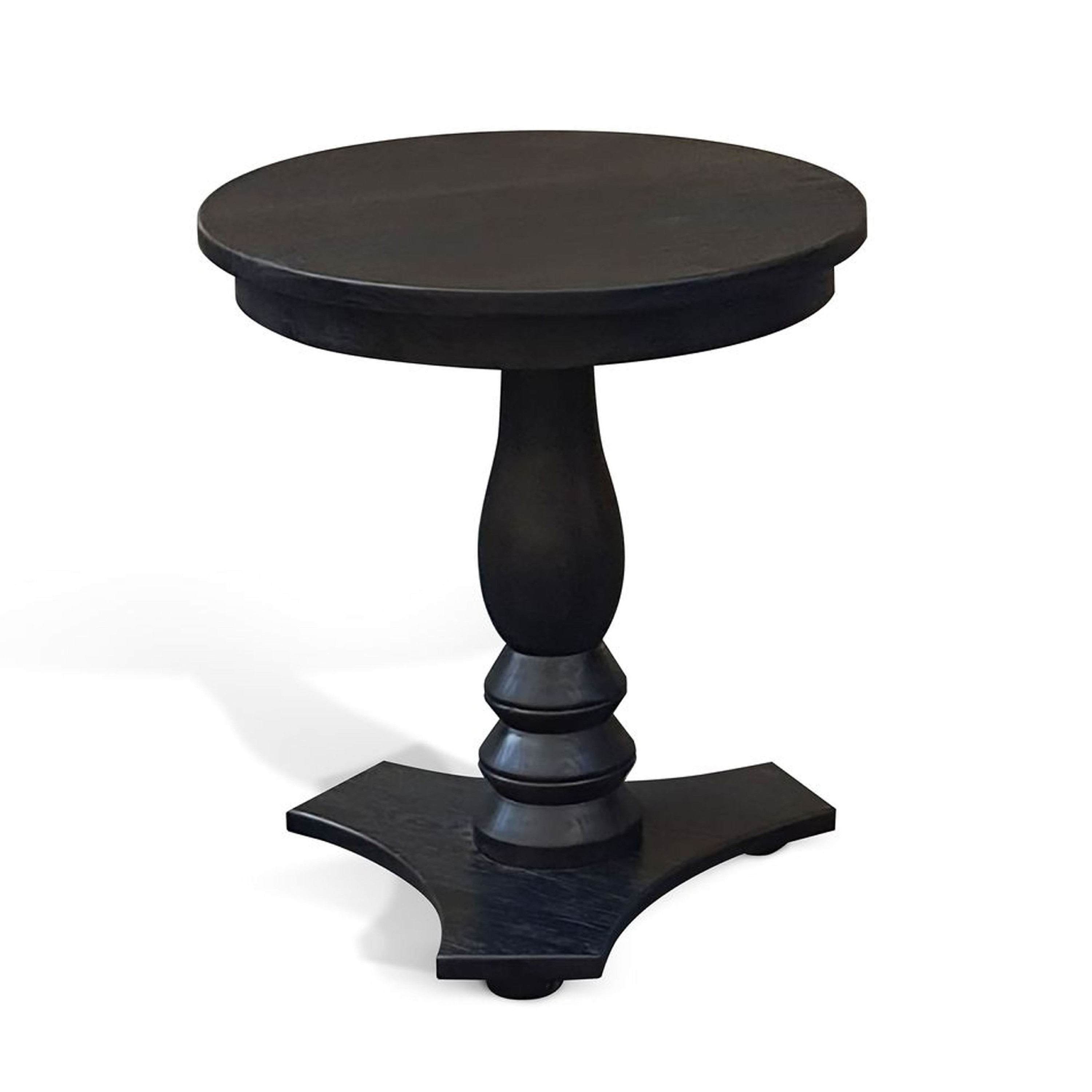 Meni Accent Table 22 Inch Round Top Carved Pedestal Black Solid Wood