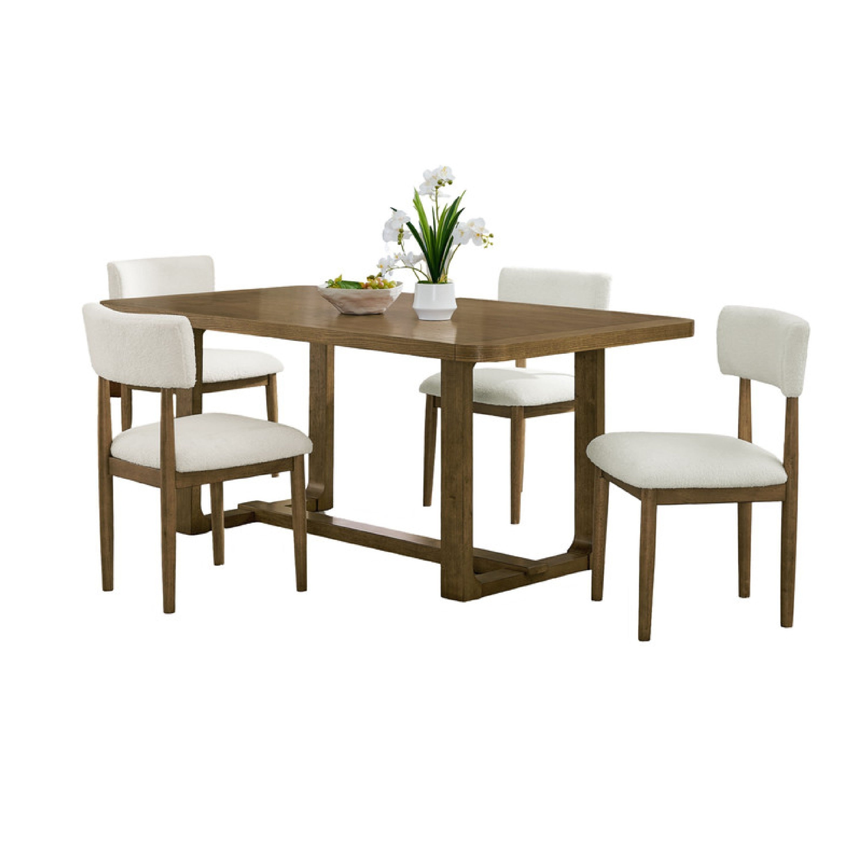 Meny 5Pc Dining Set Beige Sherpa Chairs 72 Inch Top Walnut Oak Brown