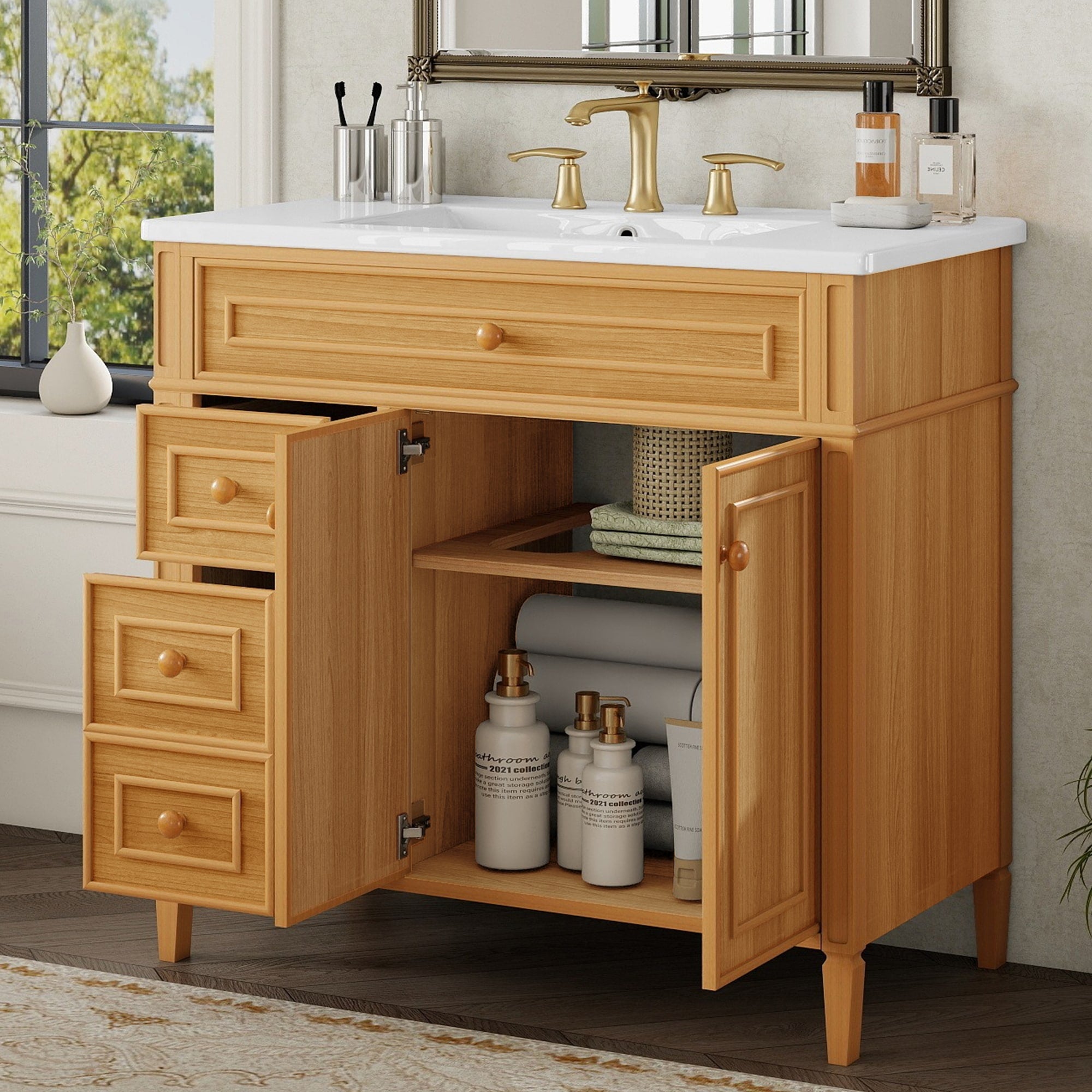 Merax Bathroom Vanity With Ceramic Sink Top Dual Size Drawers