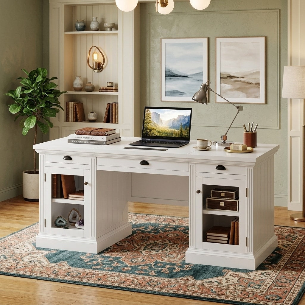 Merax Executive Storage Desk With Hidden Power Hub And Glass Door Cabinets