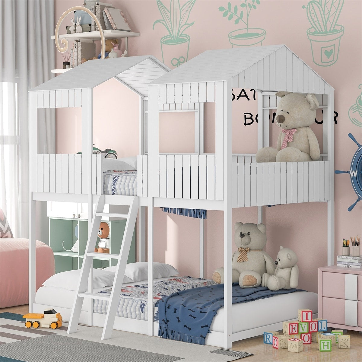 Merax Full Over Full Wood Tower Bunk Bed With Roof