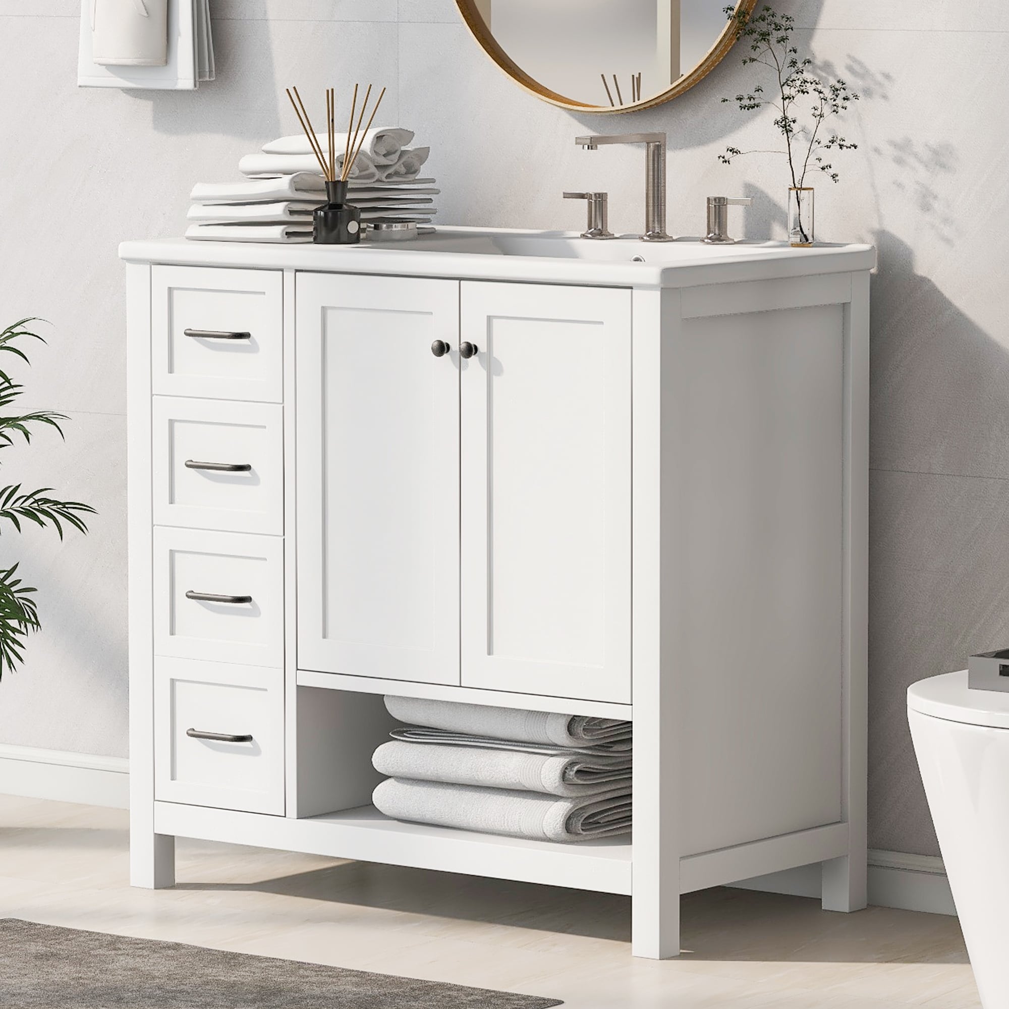 Merax Solid Wood Bathroom Vanity With Ceramic Sink Top Open Shelf Storage
