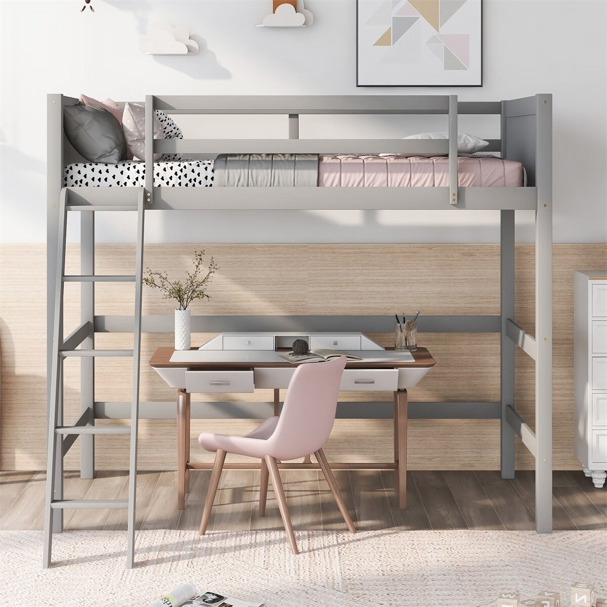 Merax Panel Style Solid Wood Loft Bed Side Angled Ladder
