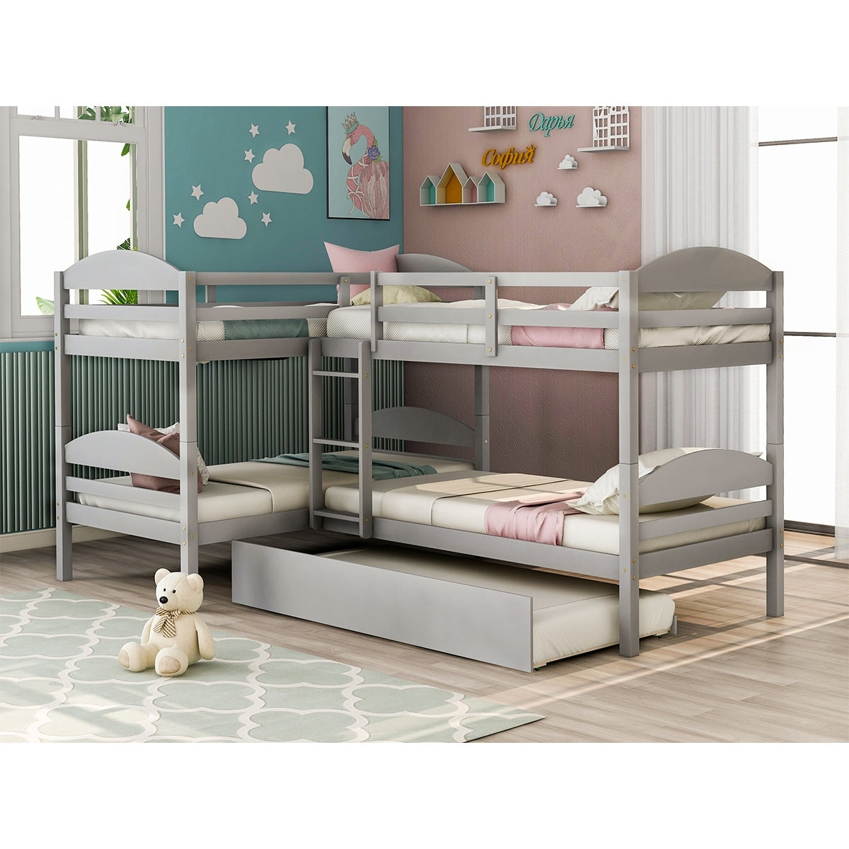 Merax Twin L Shaped Triple Bunk Bed With Trundle And Ladder