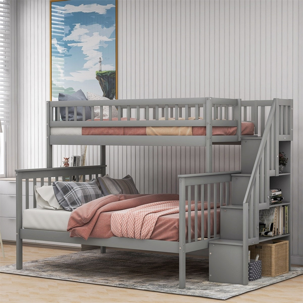 Merax Twin Over Full Bunk Bed Stairway With Shelves