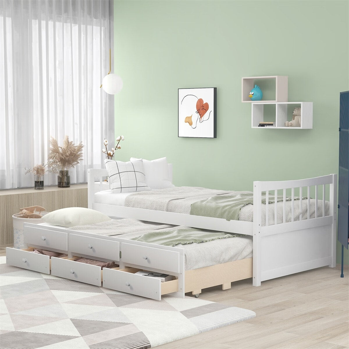 Merax Solid Wood Twin Bed With Trundle And Drawers