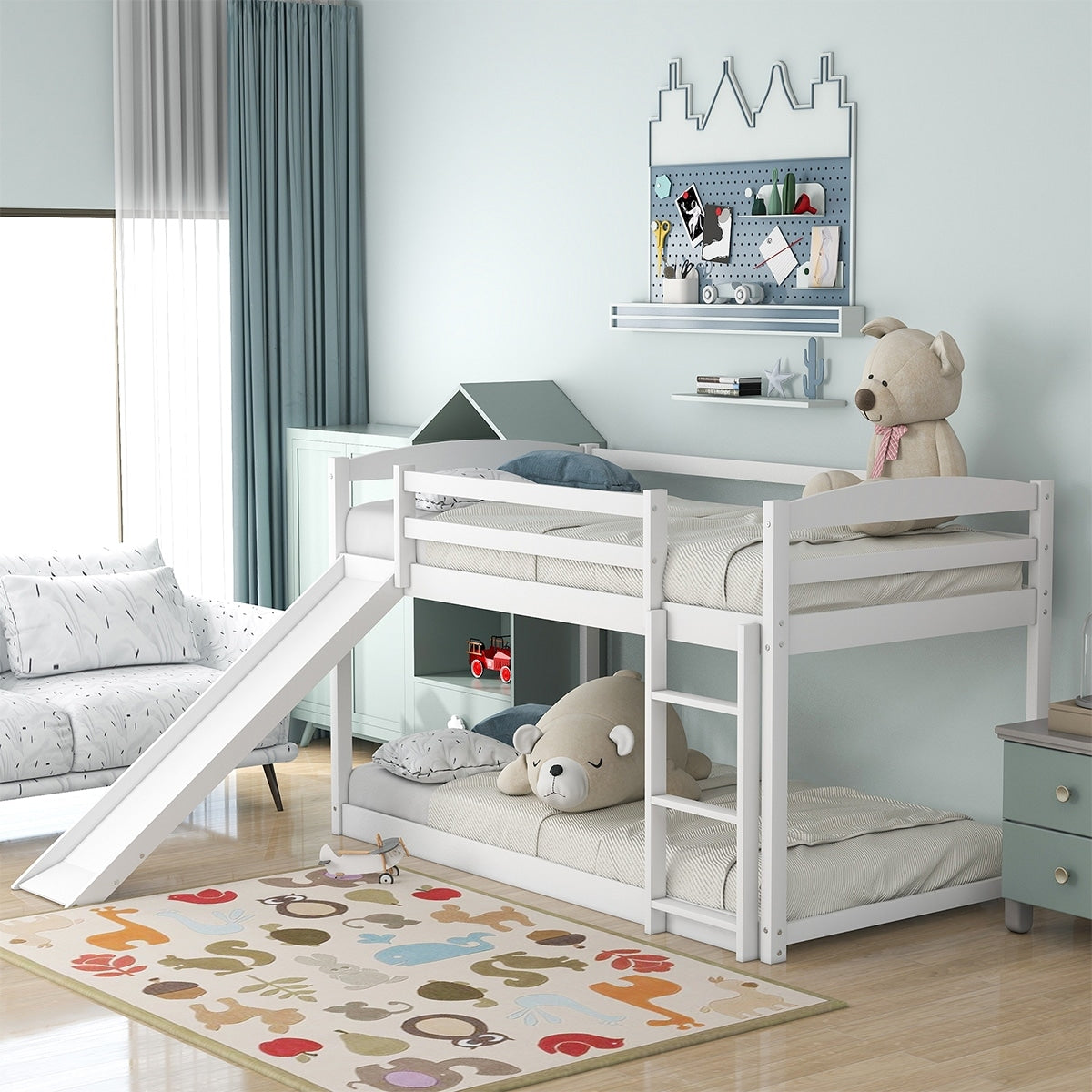 Merax Twin Over Twin Low Bunk Bed With Slide And Ladder
