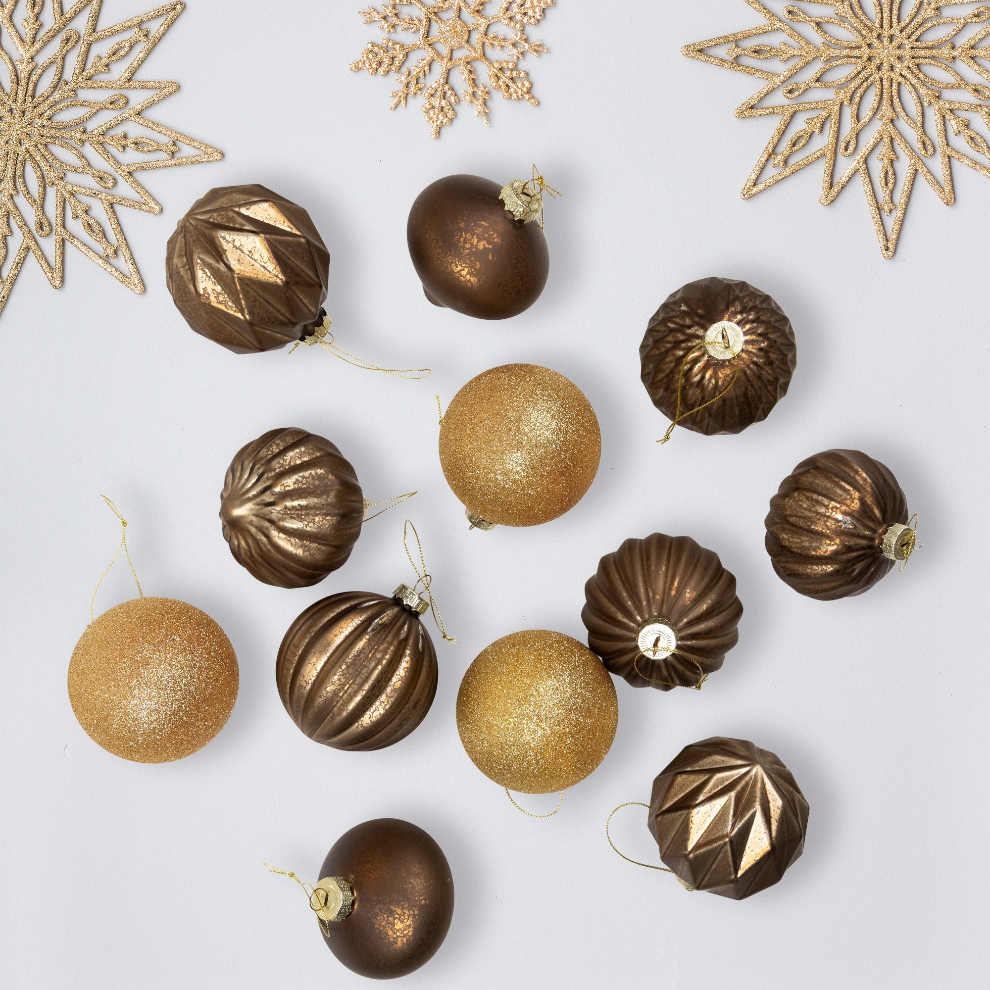 12Ct Gold Mercury Glass Christmas Glass Ball And Onion Drop Ornaments 4 100Mm