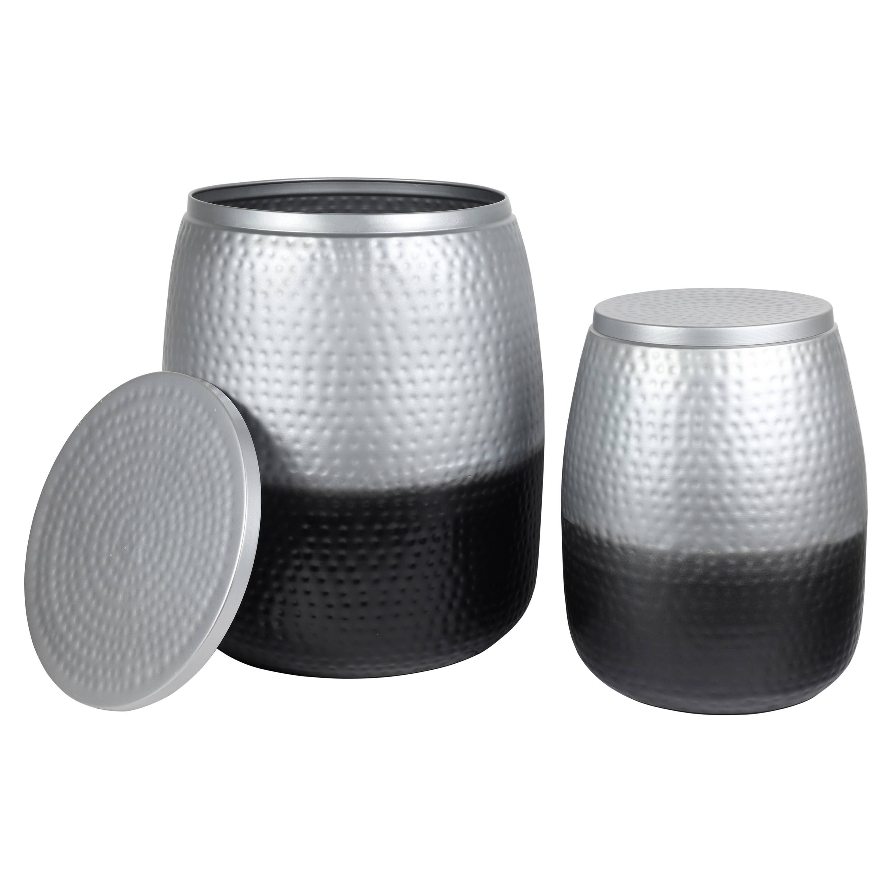 Merida Modern Rustic 2 Piece Hammered Metal Drum Storage Side Tables With Lids