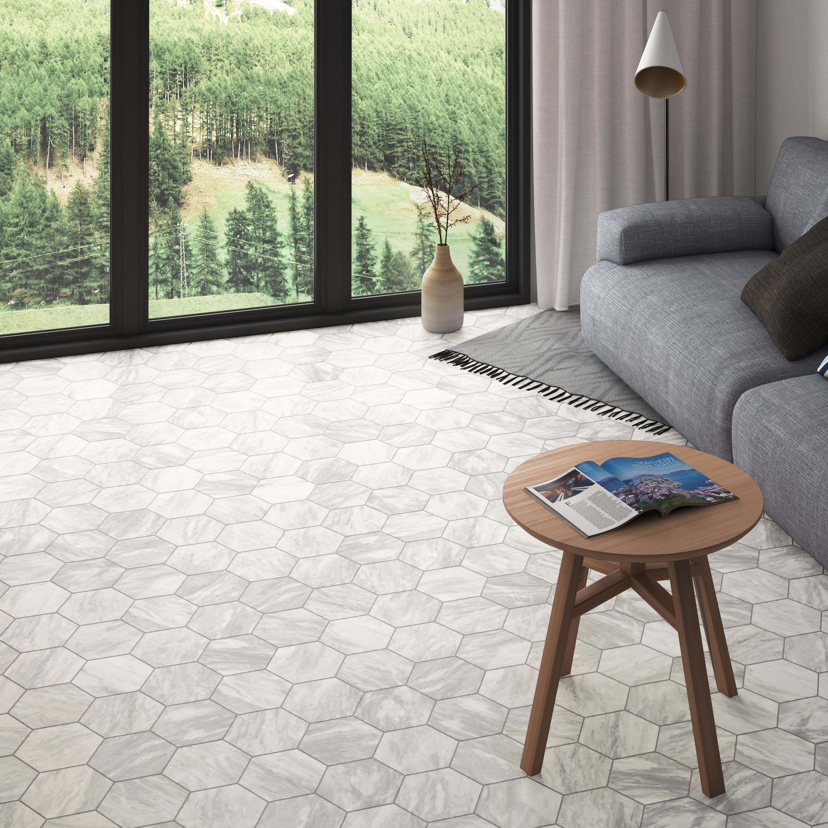 Somertile 7X8 Inch Carra Bardiglio Hexagon Light Porcelain Floor And Wall Tile 25 Tiles 7.84 Sqft.