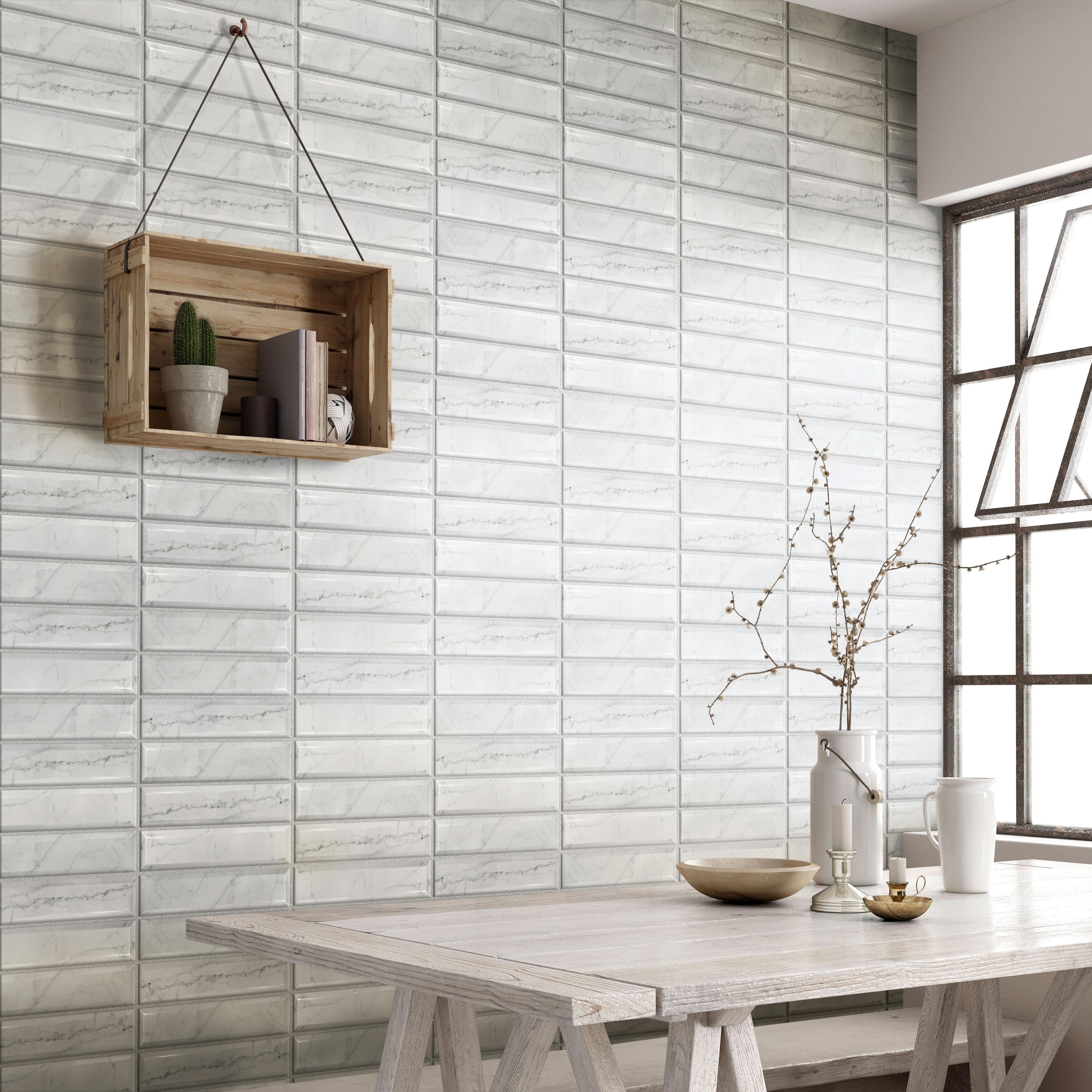 Somertile 3X12 Inch Carra Carrara Glossy Metro Ceramic Wall Tile 44 Tiles 12.16 Sqft.