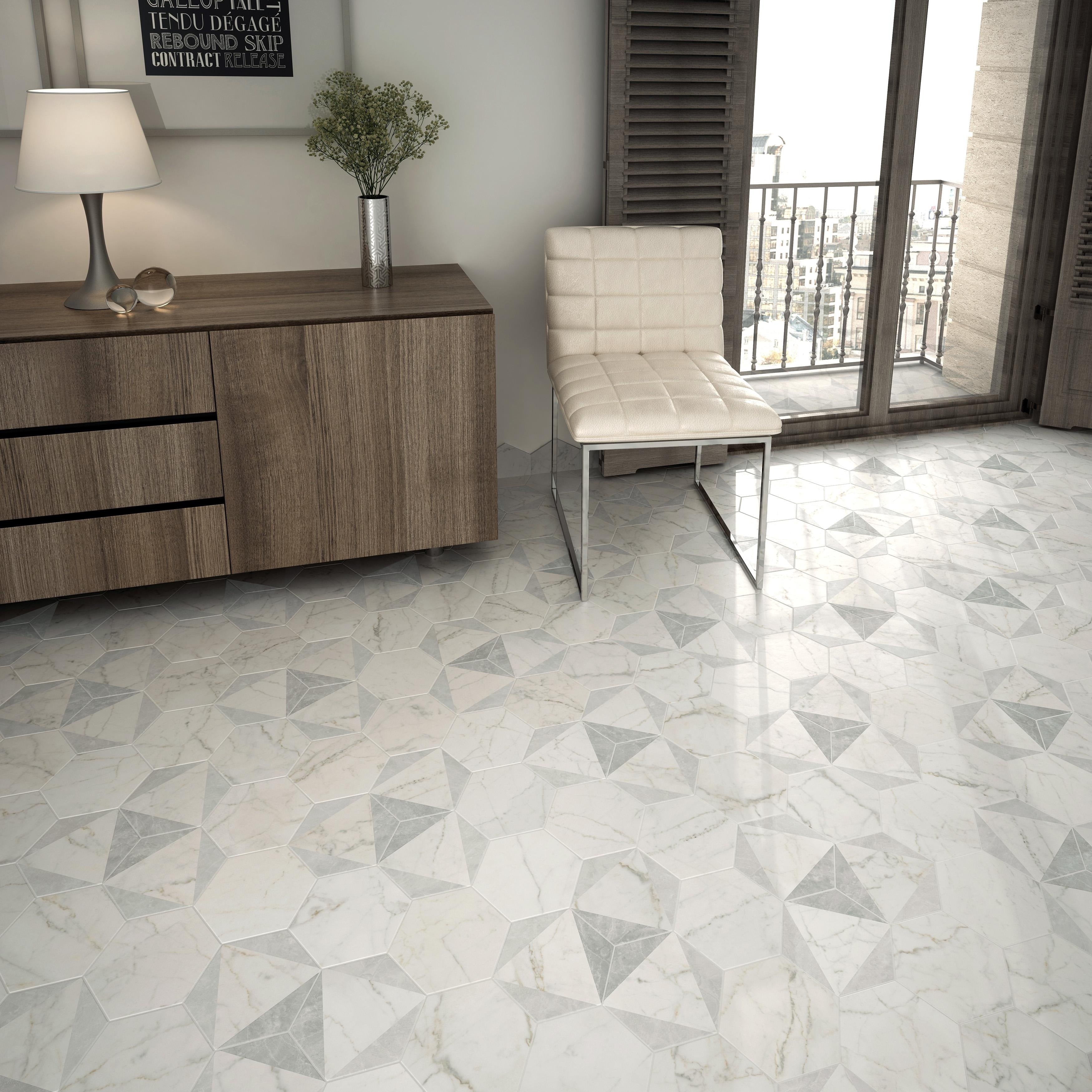 Somertile 7X8 Inch Carra Carrara Hexagon Peak Porcelain Floor And Wall Tile 25 Tiles 7.84 Sqft.