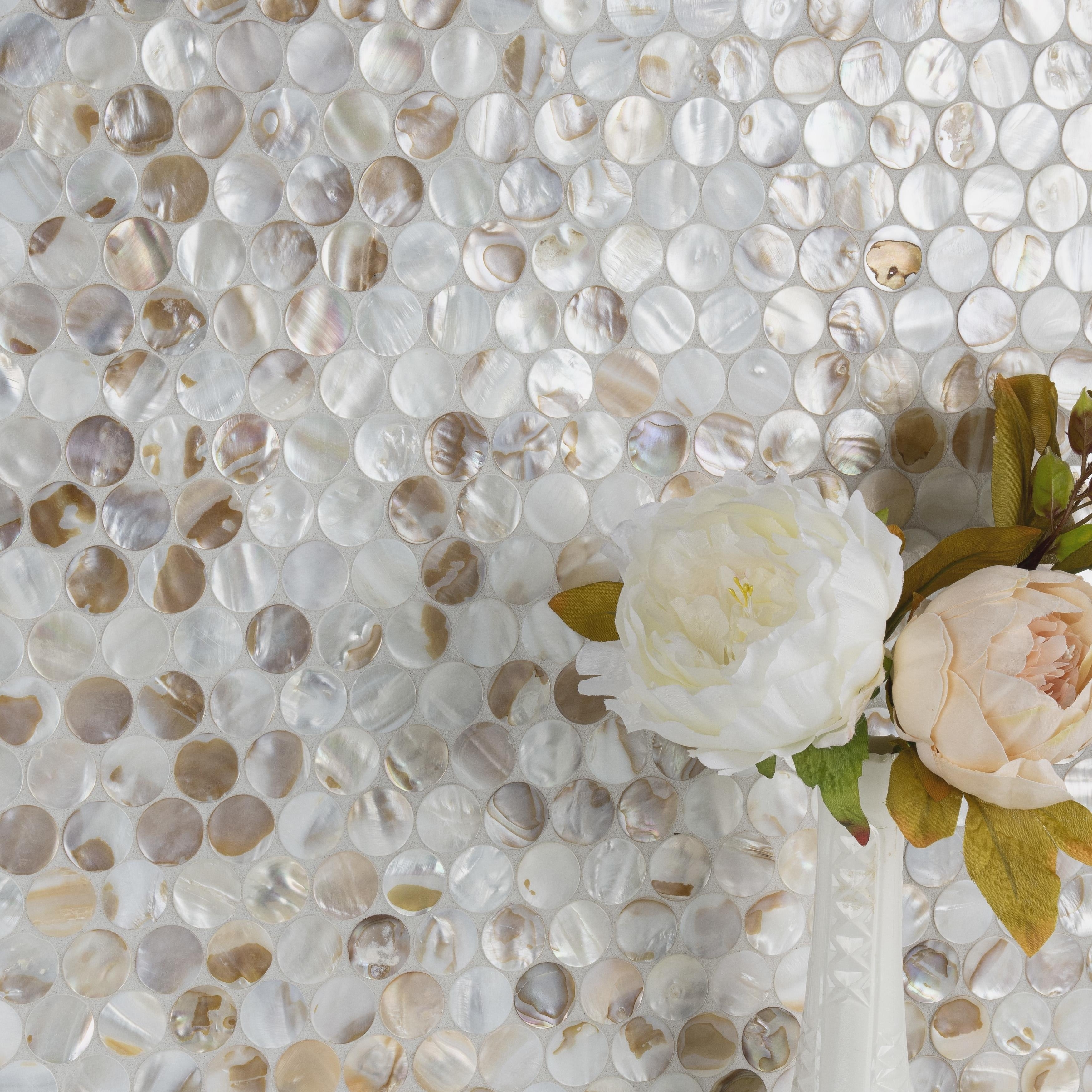Somertile 11.25X11.625 Inch Seashell Penny Natural Seashell Mosaic Wall Tile 10 Tiles 9.1 Sqft.