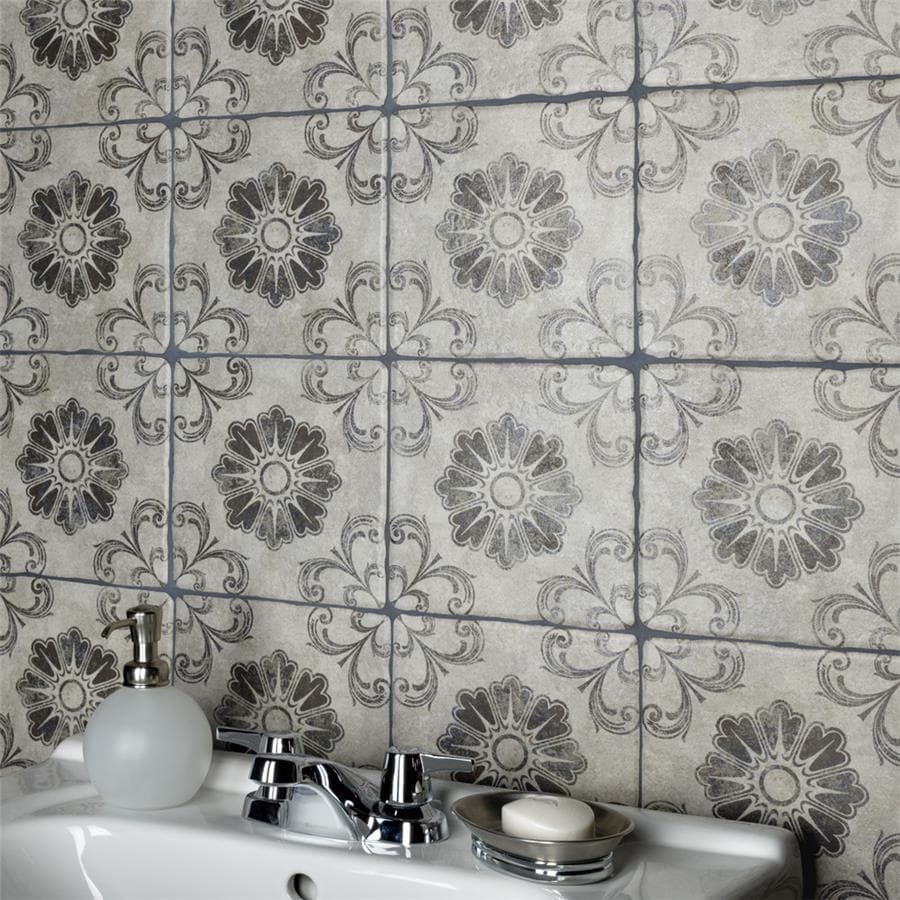 Somertile 7.75X7.75 Inch Gavras Cendra Decor Fleur Ceramic Floor And Wall Tile 25 Tiles 11.5 Sqft.