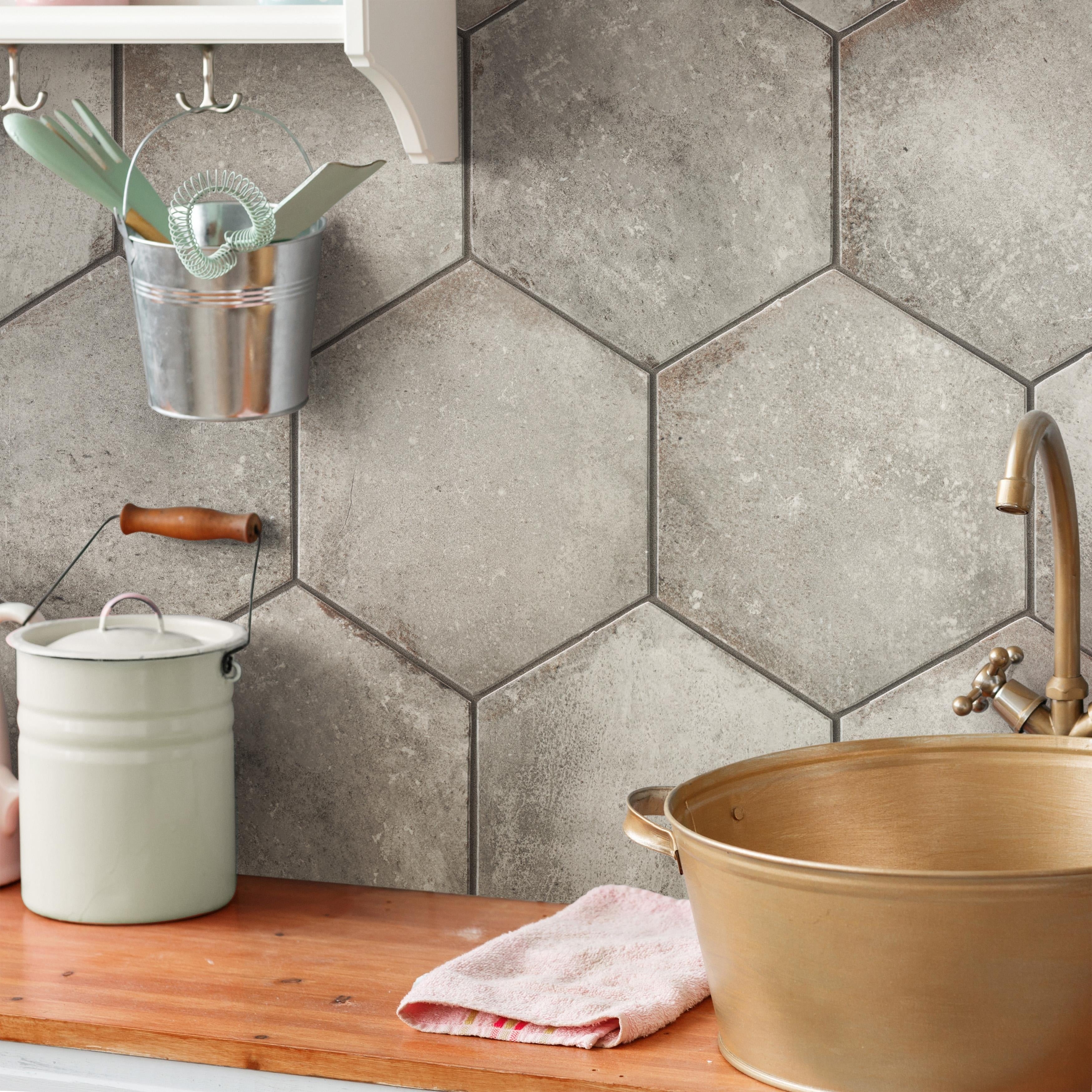 Somertile 11X12.625 Inch Anticato Grigio Hex Porcelain Floor And Wall Tile 15 Tiles 11.42 Sqft.