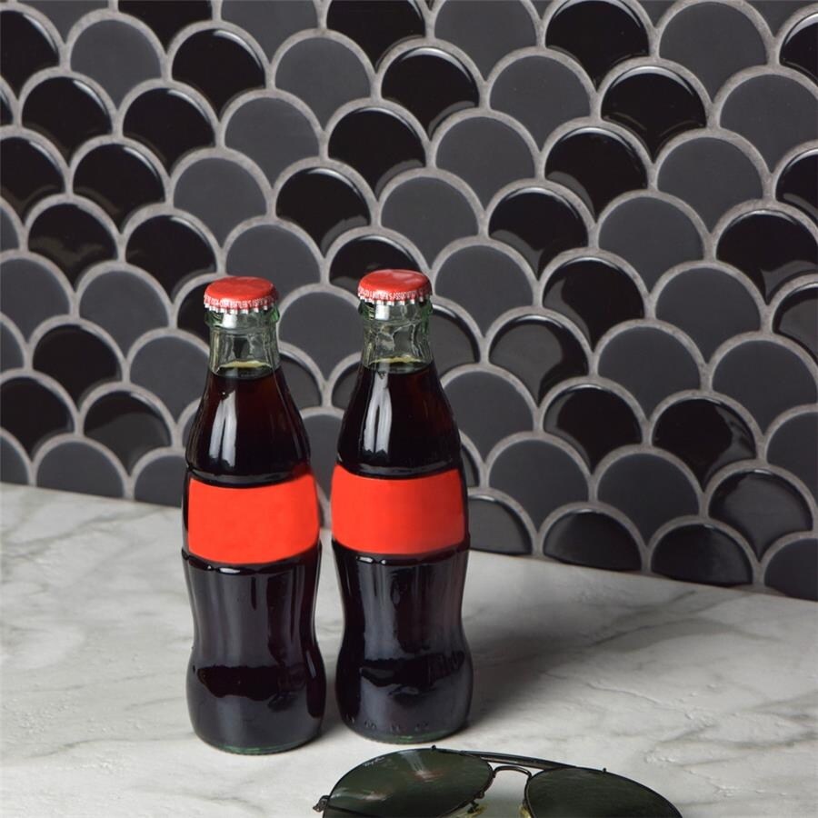 Somertile 11.25X12 Inch Expresiones Scallop Black Glass Mosaic Floor And Wall Tile 10 Tiles 9.58 Sqft.