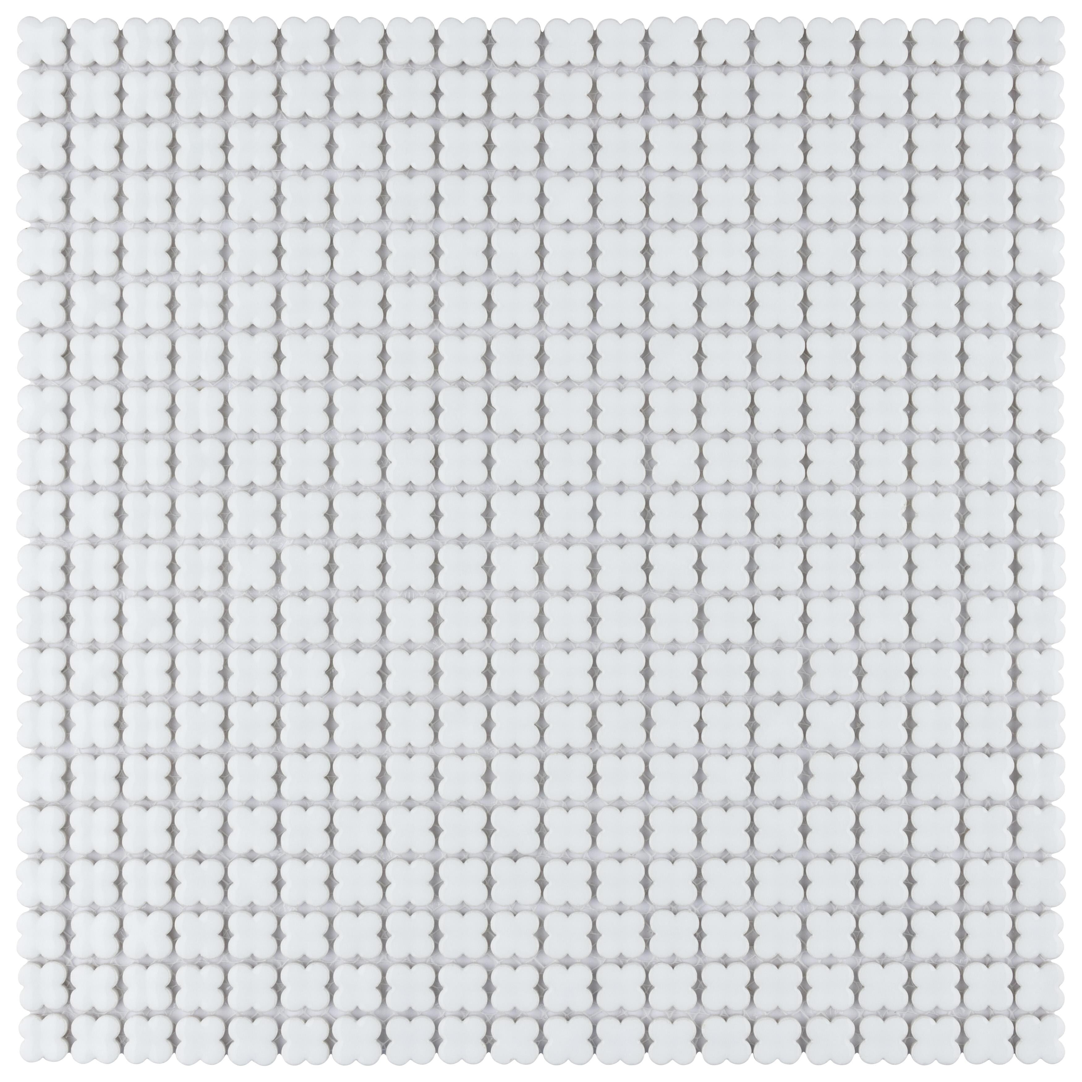 Somertile 12X12 Inch Florecilla Glossy Blanco Ceramic Mosaic Floor And Wall Tile 10 Tiles 10 Sqft.