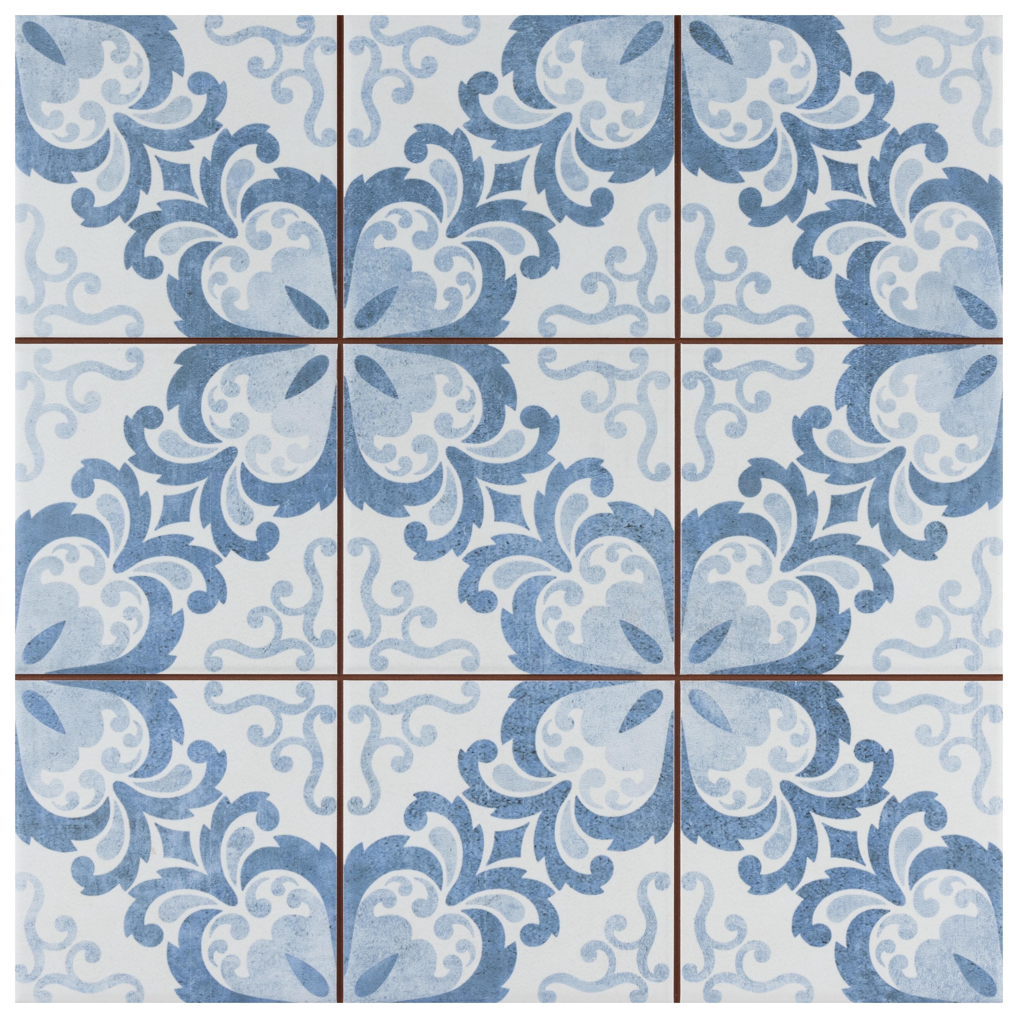Somertile Harmonia Floral Lattice Blue 13X13 Inch Ceramic Floor And Wall Tile 10 Tiles 12.19 Sqft. Case