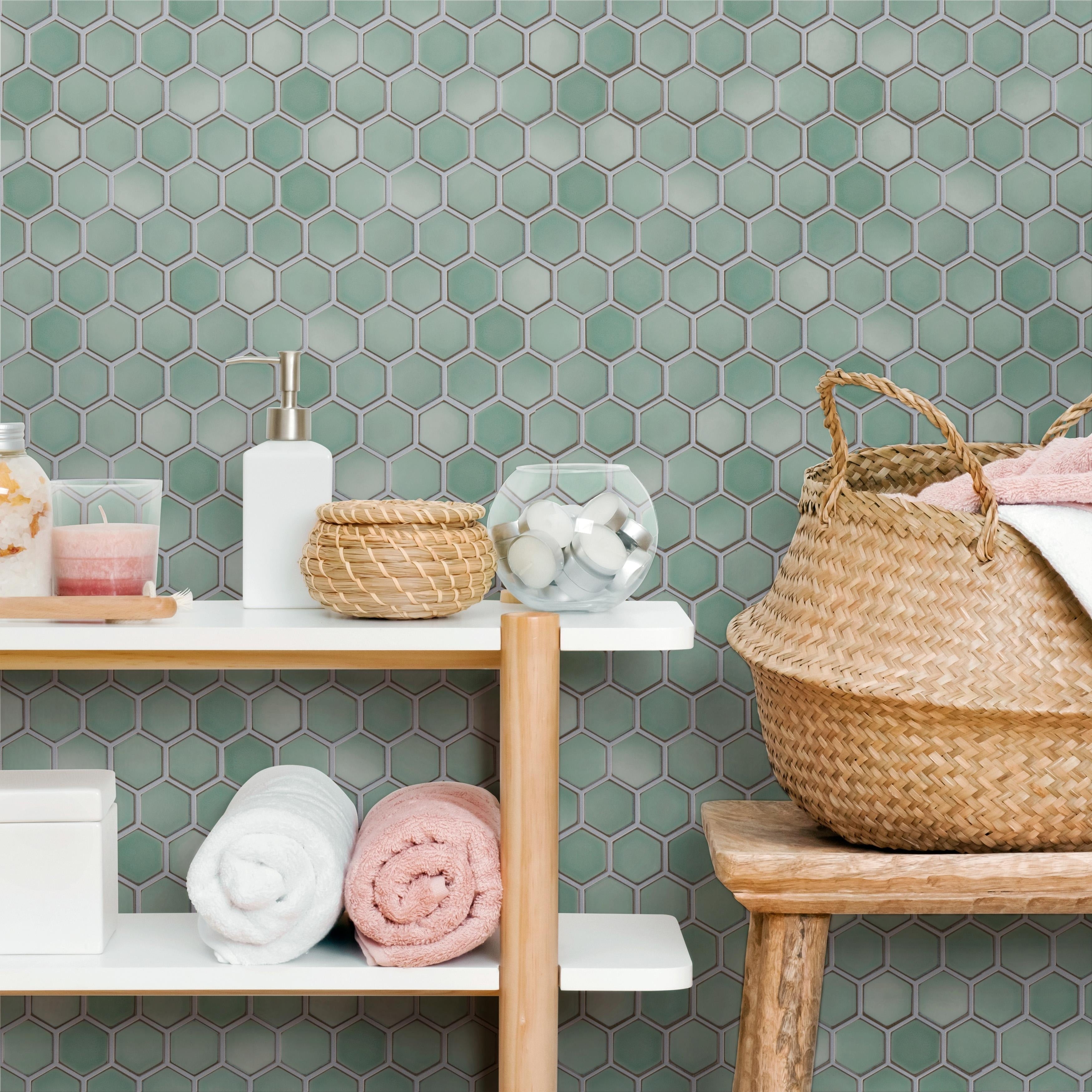 Somertile Hudson 2 Due Hex Mint Green 12 1 2 In.X 11 1 4 In. X 5Mm Porcelain Floor And Wall Mosaic Tile 10 Tiles 9.97 Sqft.