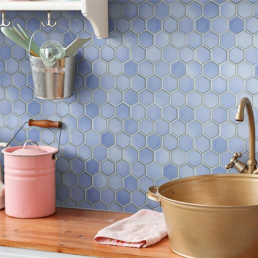 Somertile Hudson Due 2 In. Hex Frost Blue 12 1 2 In. X 11 1 4 In. X 5Mm Porcelain Mosaic Tile 10 Tiles 9.97 Sqft.