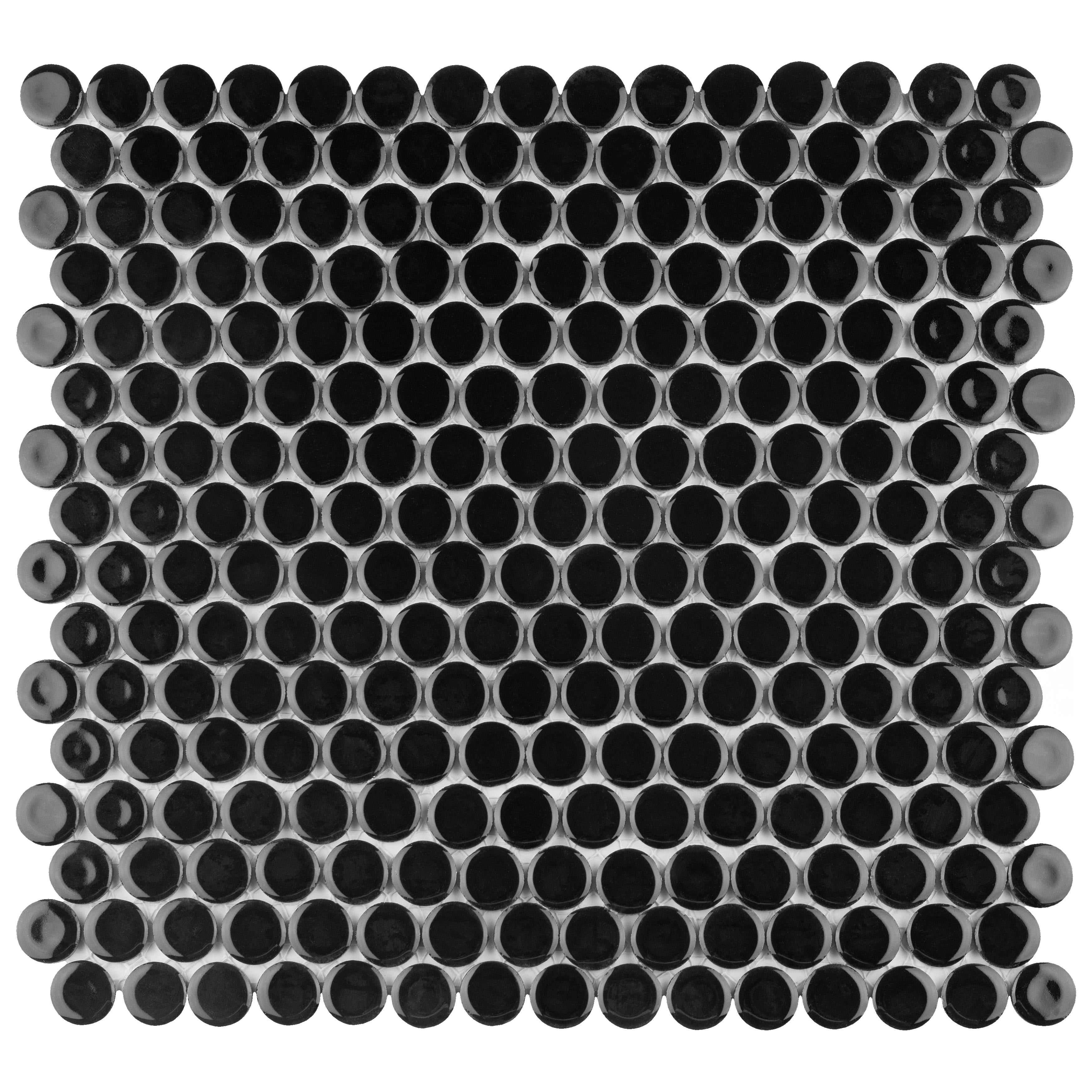 Somertile 12X12.625 Inch Penny Glossy Black Porcelain Mosaic Floor And Wall Tile 10 Tiles 10.2 Sqft.