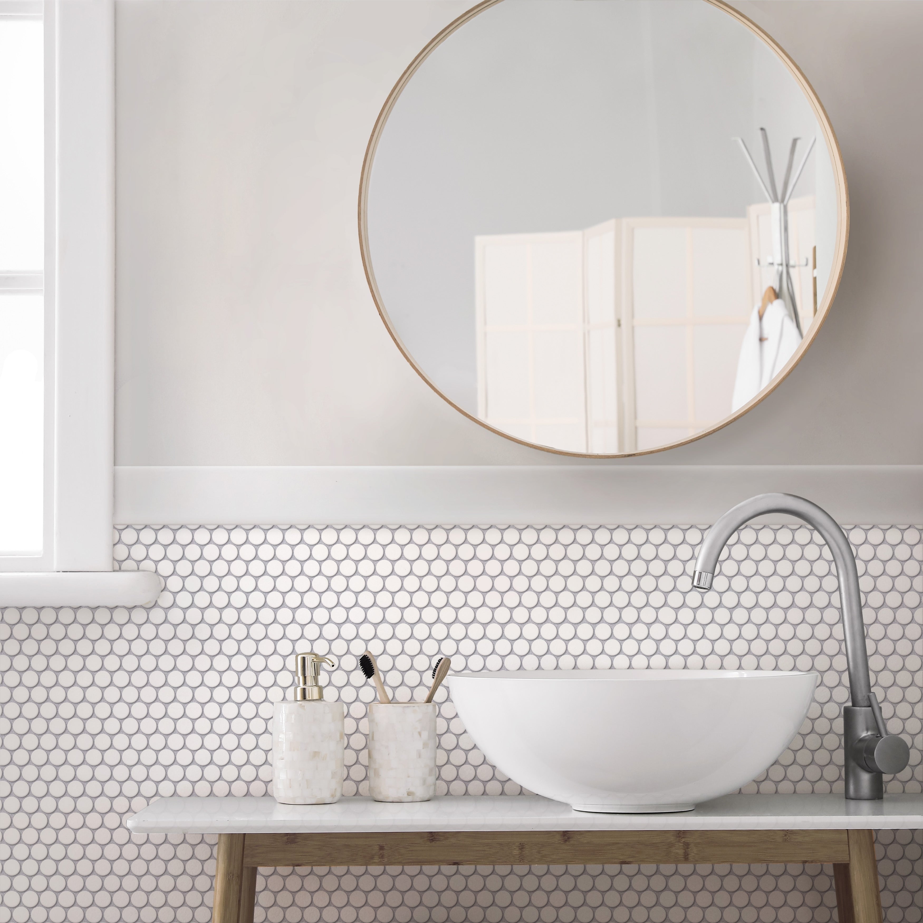 Somertile 12X12.625 Inch Penny Matte White Porcelain Mosaic Floor And Wall Tile 10 Tiles 10.2 Sqft.