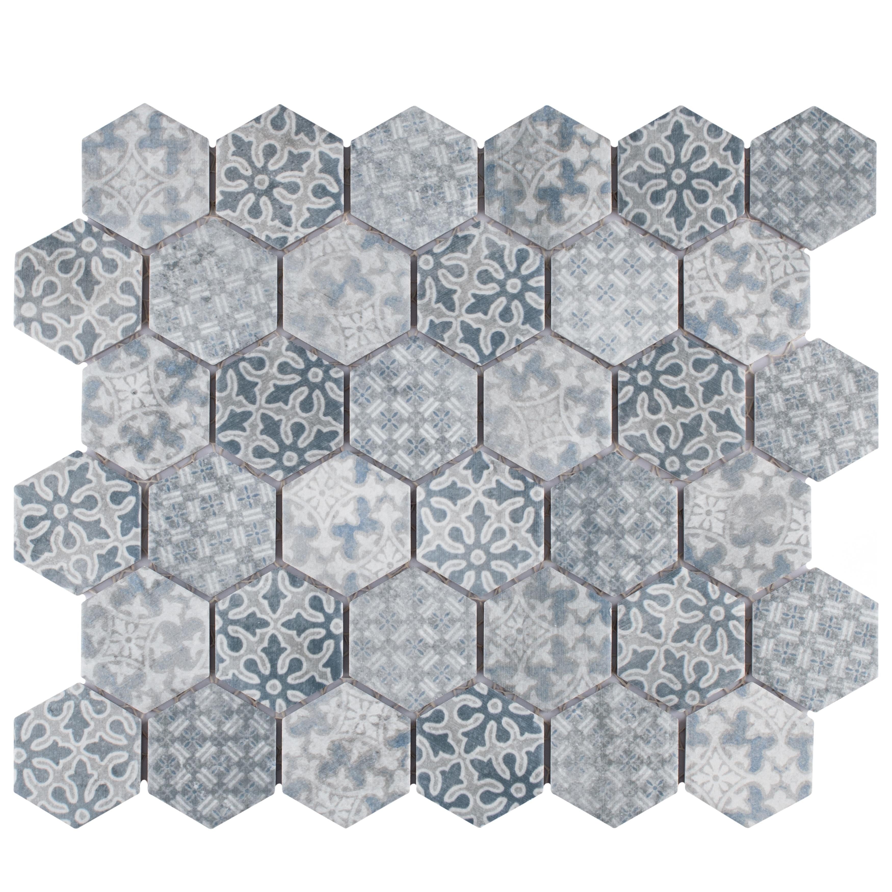 Somertile 11.125 X 12.625 Inch Medley Hex Slate Blue Porcelain Mosaic Floor And Wall Tile 10 Tiles 9.96 Sqft.