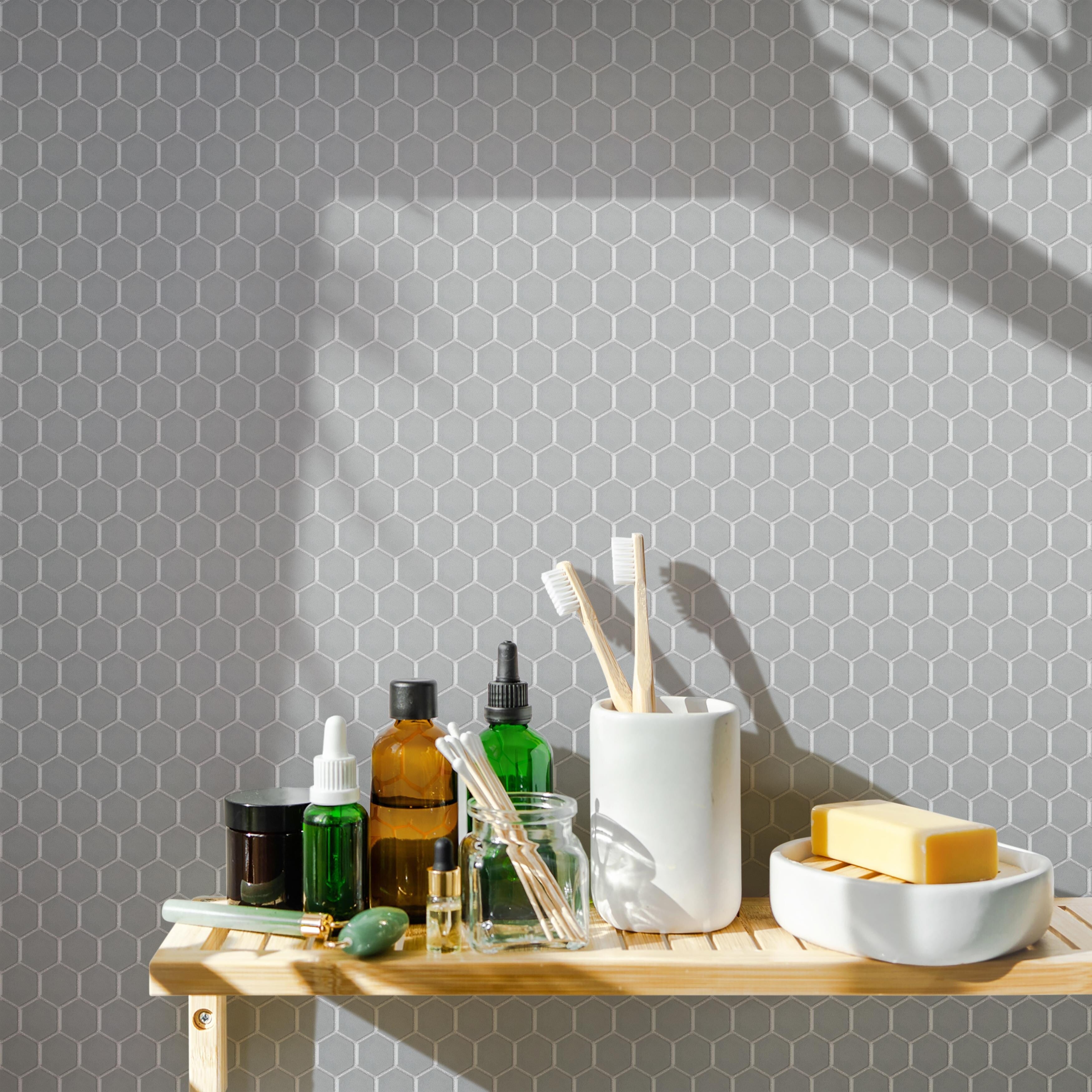 Somertile 10.25 X 11.75 Inch Renova Hex Glossy Light Grey Porcelain Mosaic Floor And Wall Tile 10 Tiles 8.56 Sqft.
