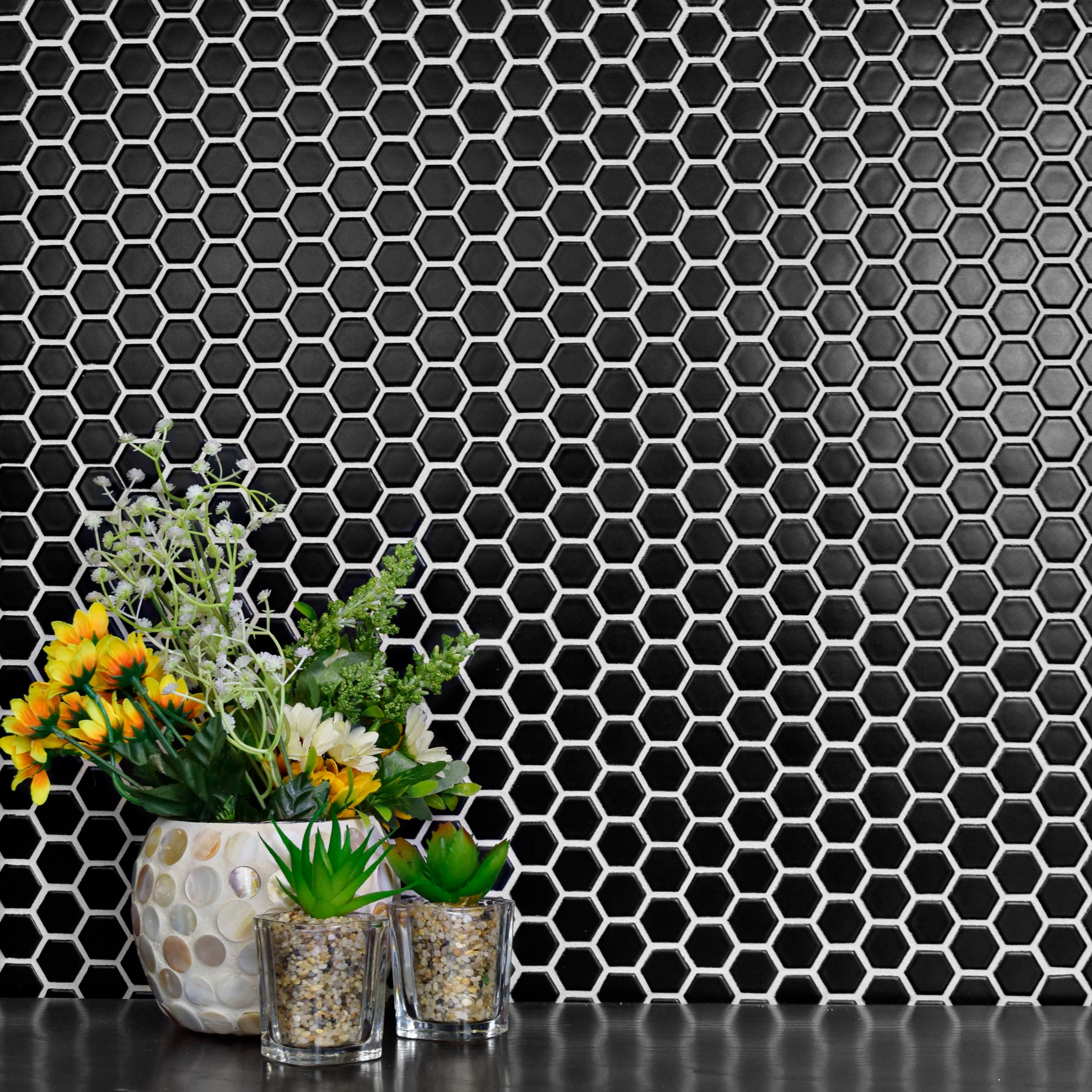 Somertile 10.25X11.75 Inch Victorian Hex Matte Black Porcelain Mosaic Floor And Wall Tile 10 Tiles 8.54 Sqft.