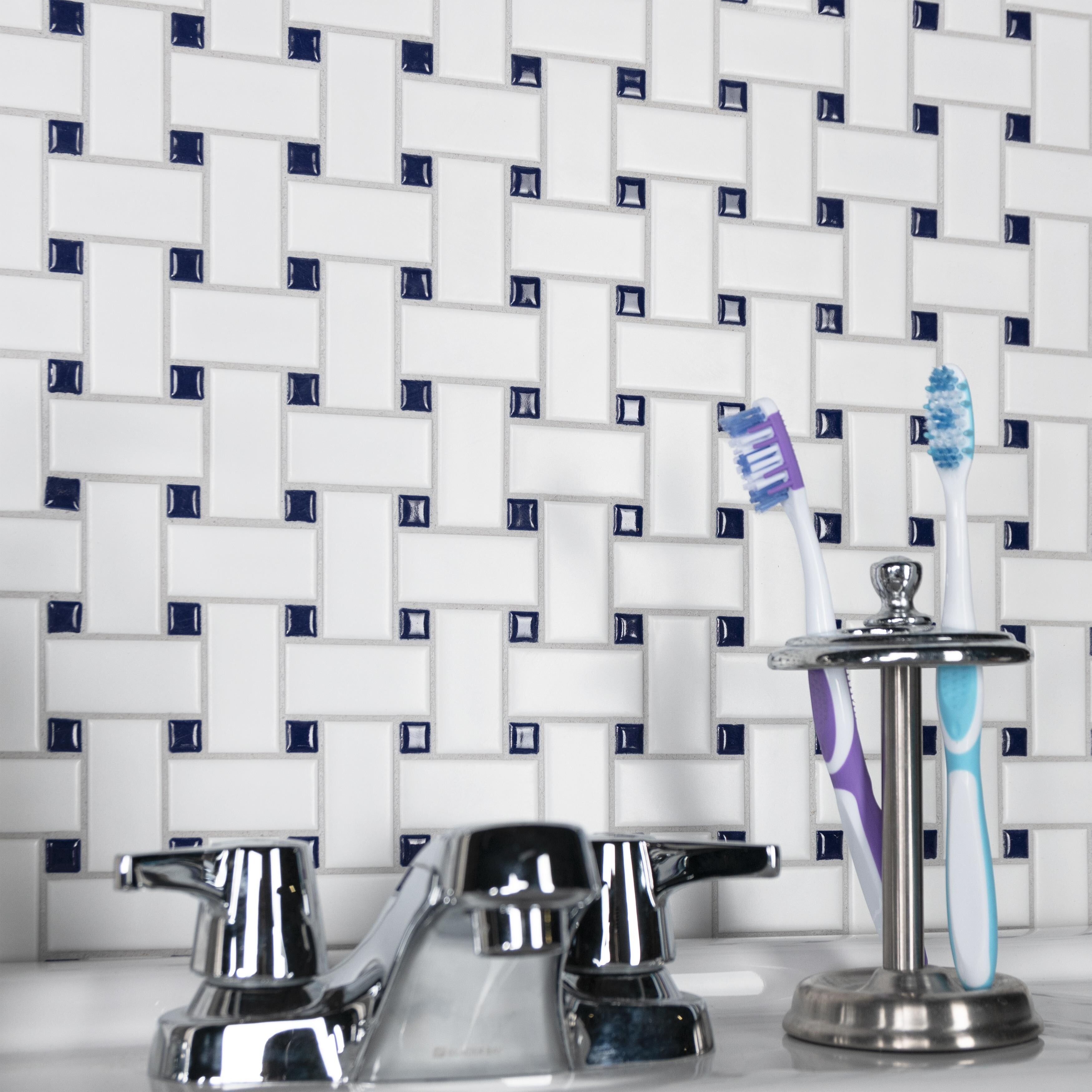 Somertile Metro Basketweave Matte White W Glossy Cobalt Dot Porcelain Mosaic Tile 11.75X11.75 Inch 20 Tiles 19.58 Sqft. Case