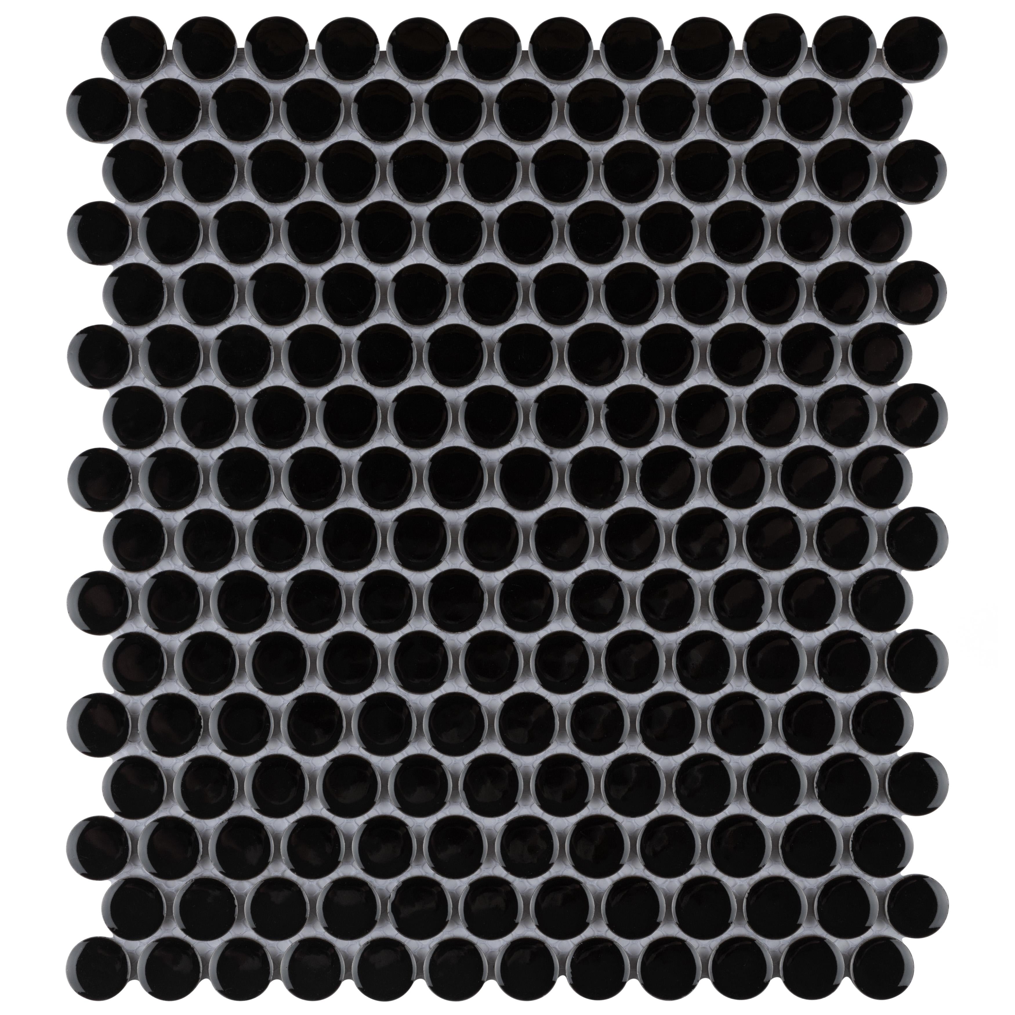 Somertile Victorian Penny Glossy Black 11 7 8 In. X 10 1 4 In. X 6Mm Porcelain Mosaic Floor And Wall Tile 20 Tiles 15.94 Sqft.