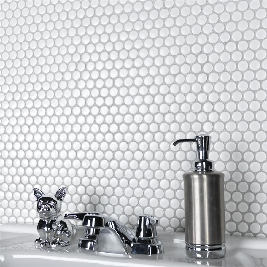 Somertile 9.75X11.5 Inch Victorian Penny Matte White Porcelain Mosaic Floor And Wall Tile 10 Tiles 8 Sqft.