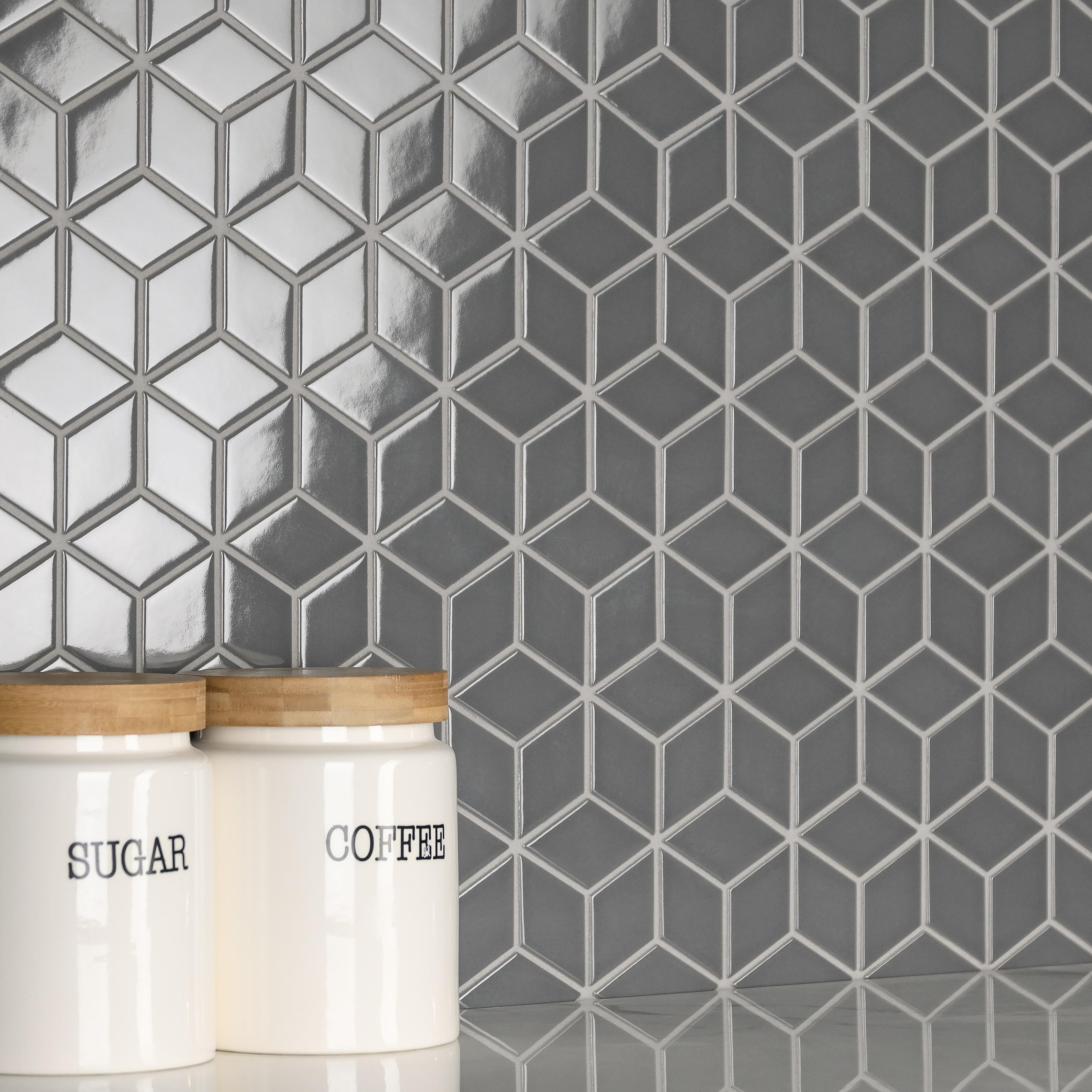Somertile 10.5X12.125 Inch Victorian Rhombus Glossy Grey Porcelain Mosaic Floor And Wall Tile 10 Tiles 9.04 Sqft.