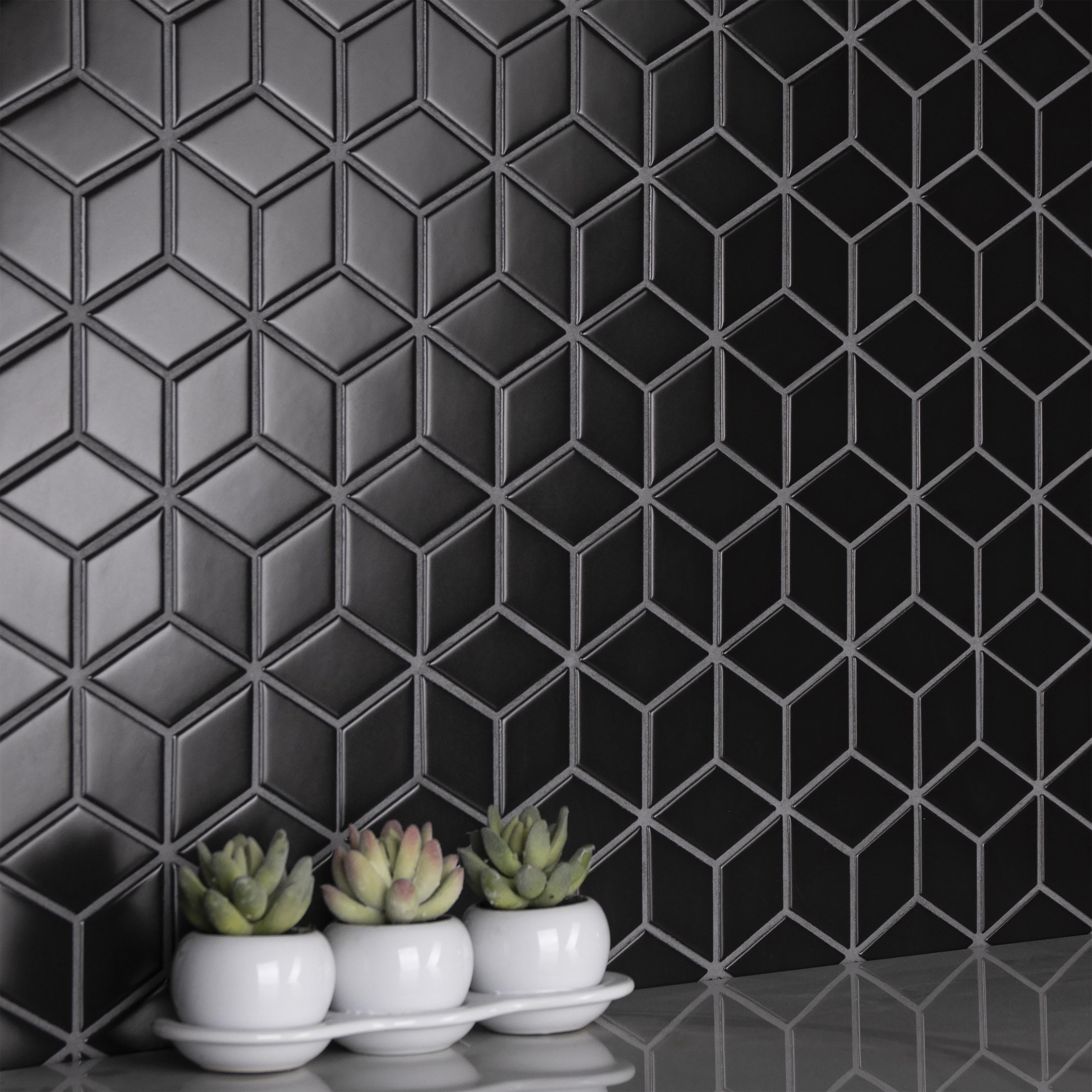 Somertile 10.5X12.125 Inch Victorian Rhombus Matte Black Porcelain Mosaic Floor And Wall Tile 10 Tiles 9.04 Sqft.