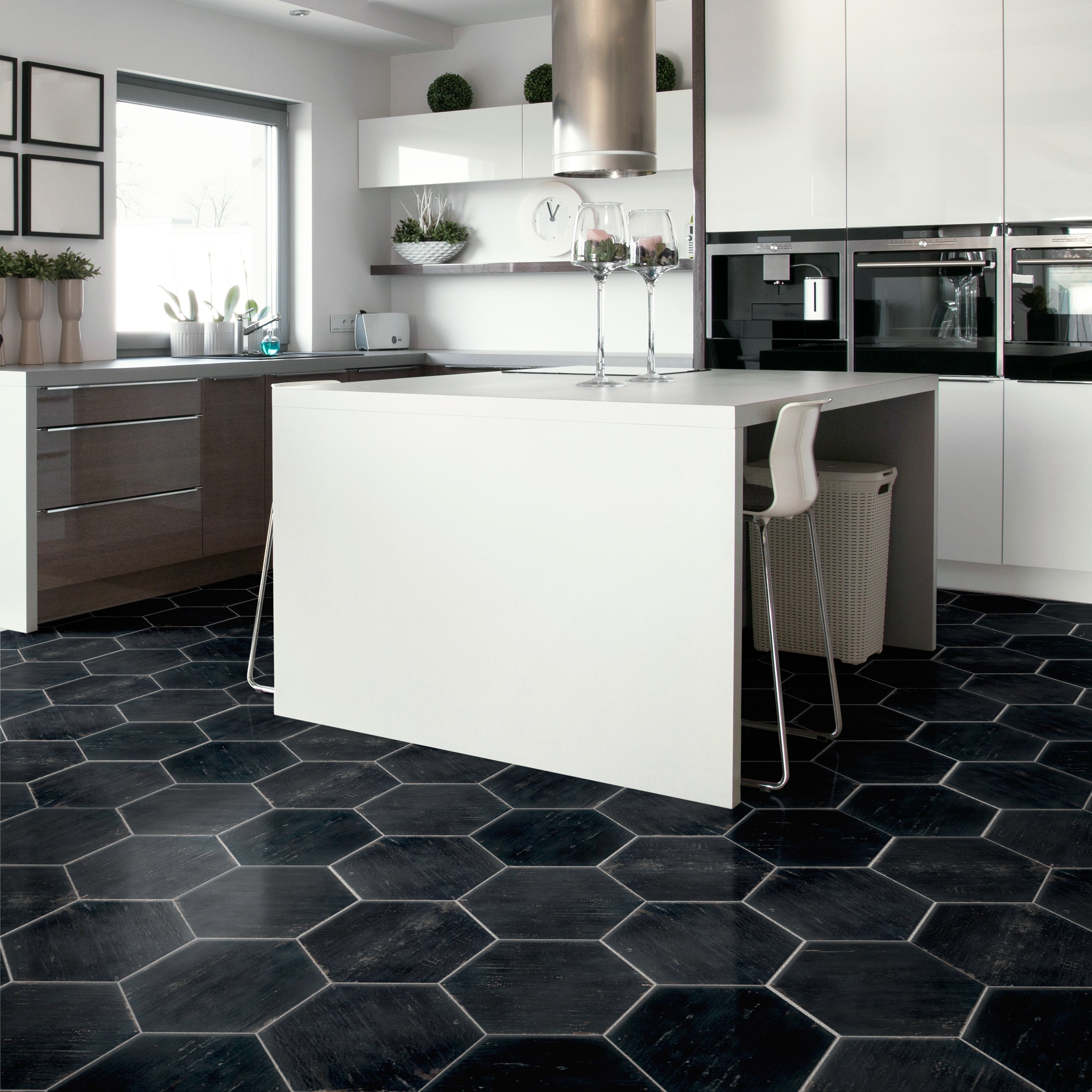 Somertile 14.125X16.25 Inch Lambris Negre Hex Porcelain Floor And Wall Tile 9 Tiles 10.76 Sqft.