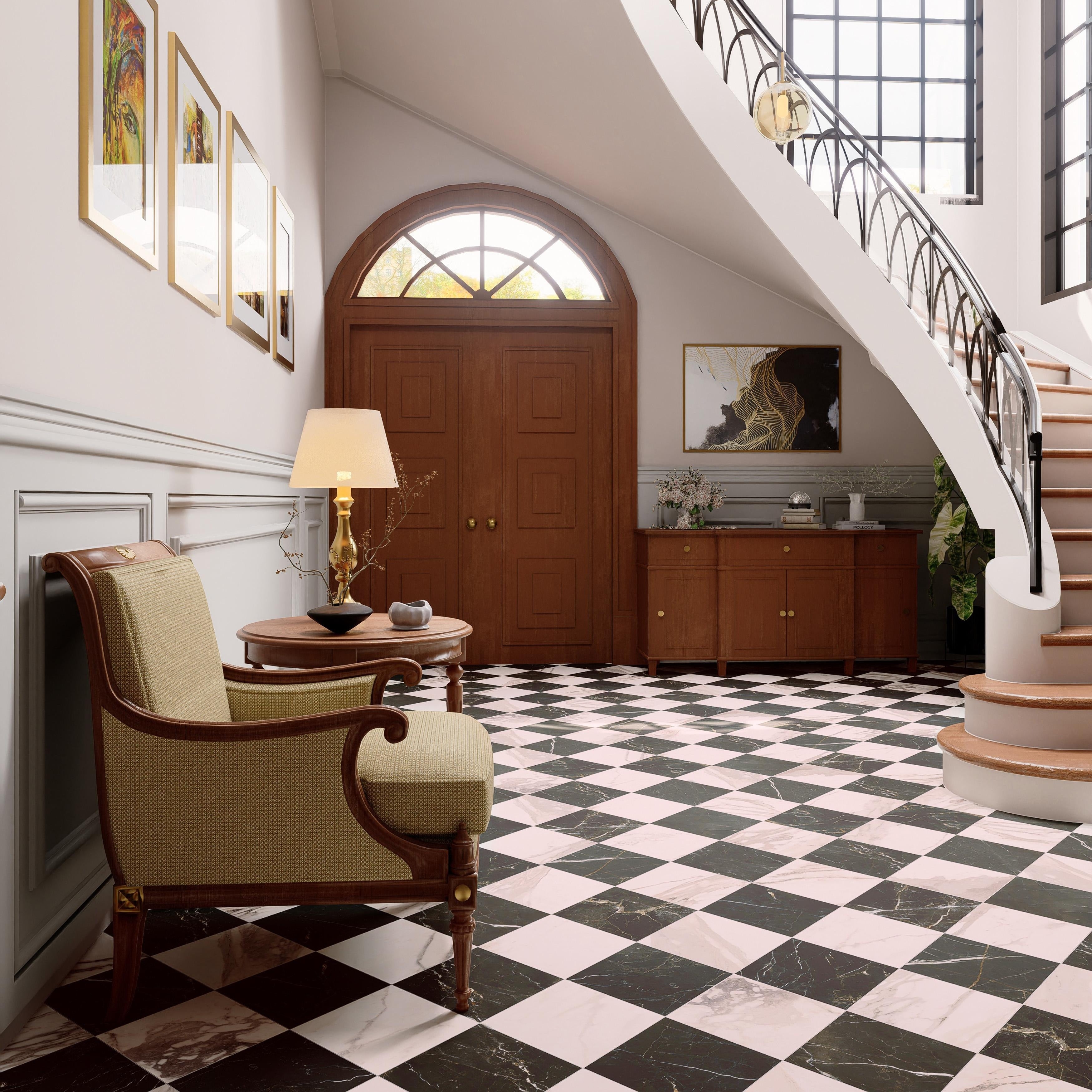 Merola Tile Reve Checker Noir With Rose 11 3 4 X 11 3 4 Porcelain Floor And Wall Tile