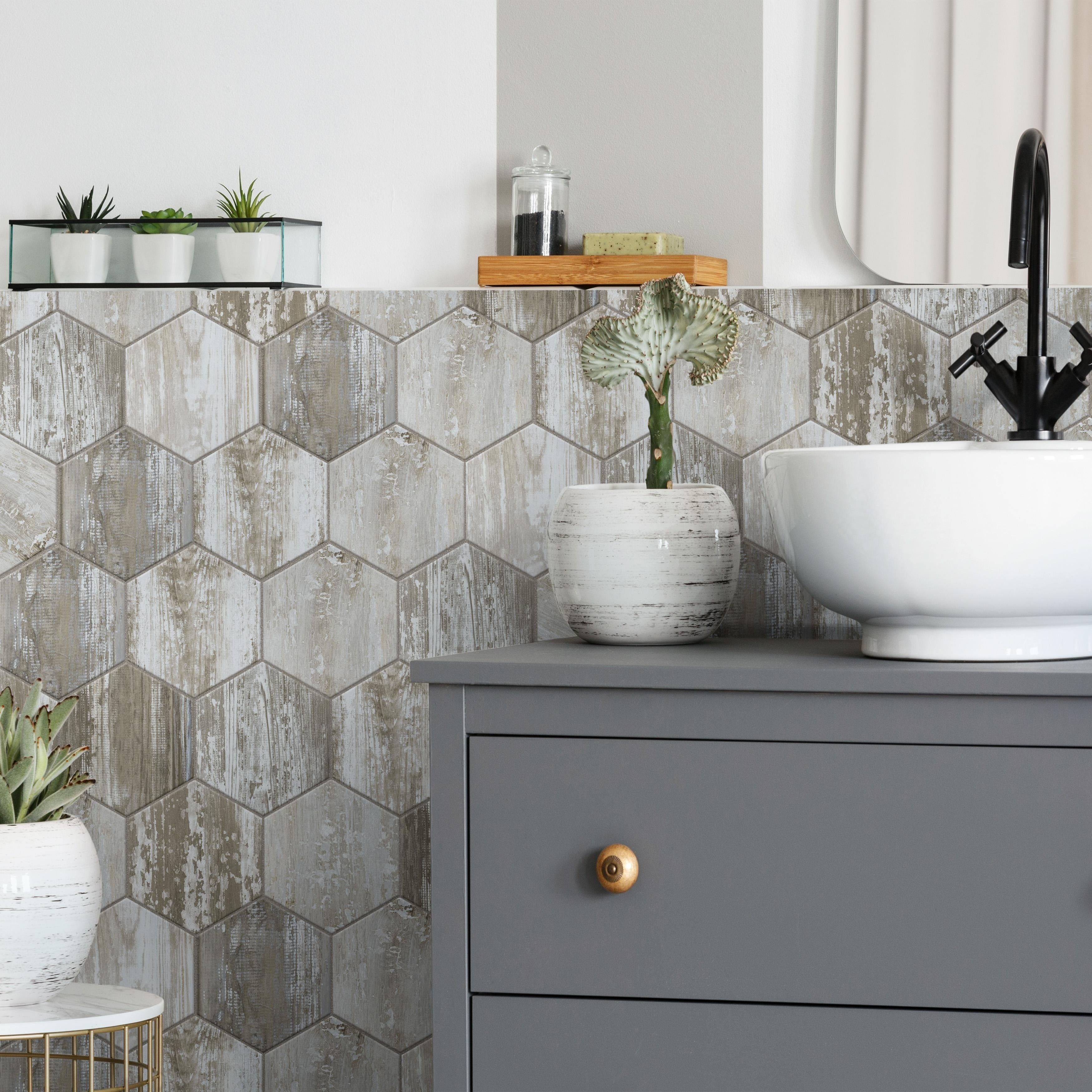 Somertile Suomi Hex Grey 8.63X9.88 Inch Porcelain Floor And Wall Tile 5 Tiles 11.56 Sqft. Case