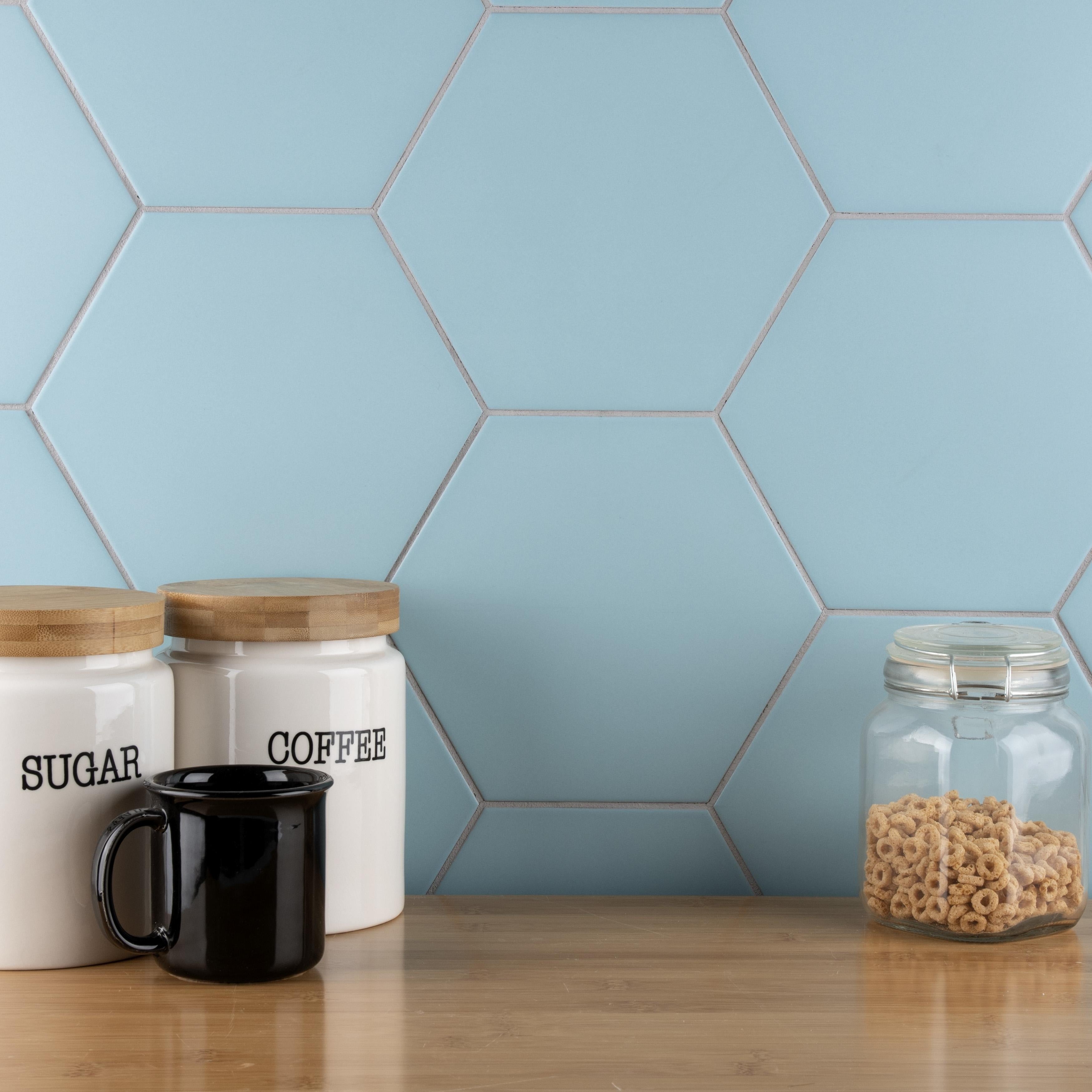 Somertile 8.63 In. X 9.88 In. Textilis Basic Hex Aqua Porcelain Floor And Wall Tile 25 Tiles 11.56 Sqft.
