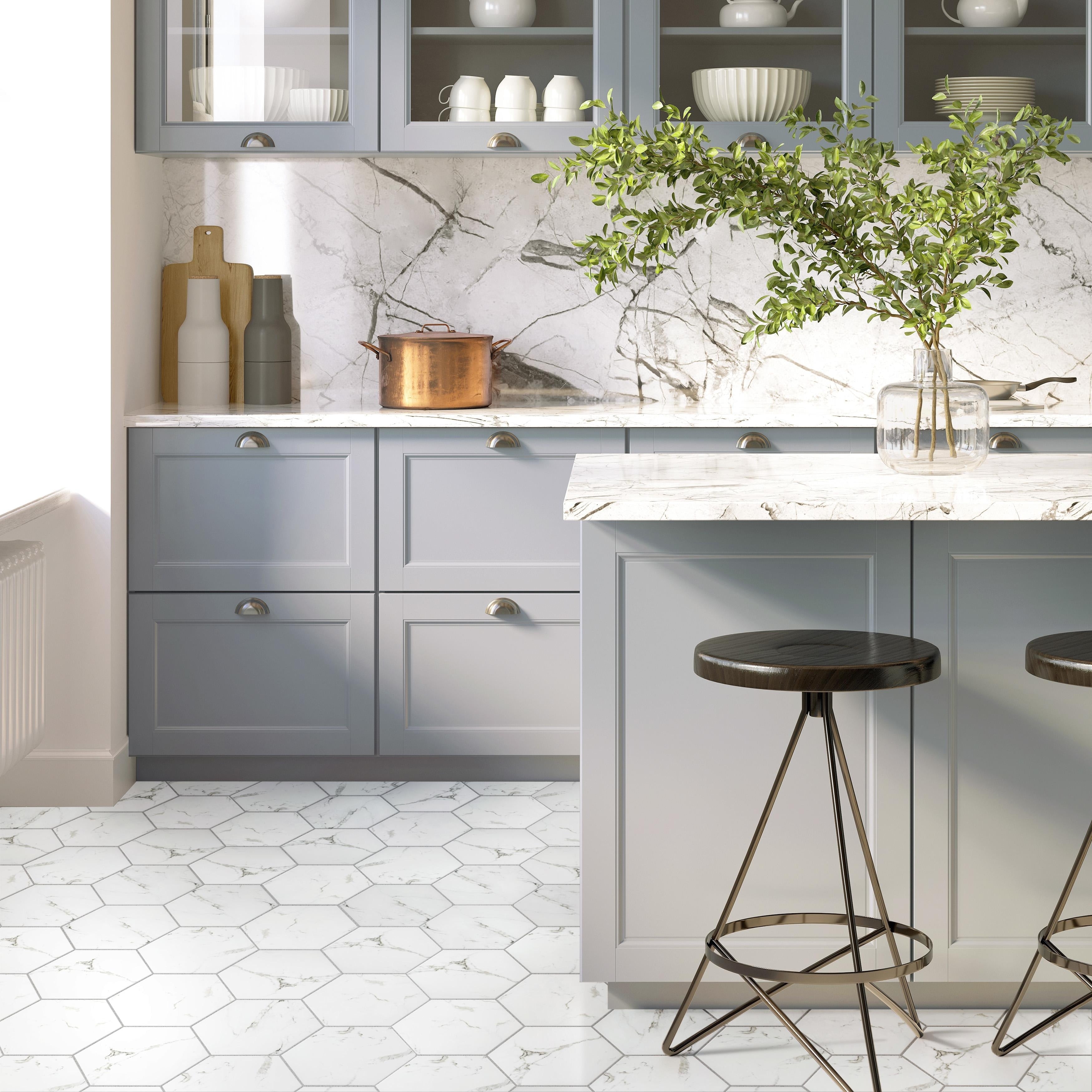 Somertile 8.625X9.875 Inch Intemporel Calacatta Hex Porcelain Floor And Wall Tile 25 Tiles 11.19 Sqft.