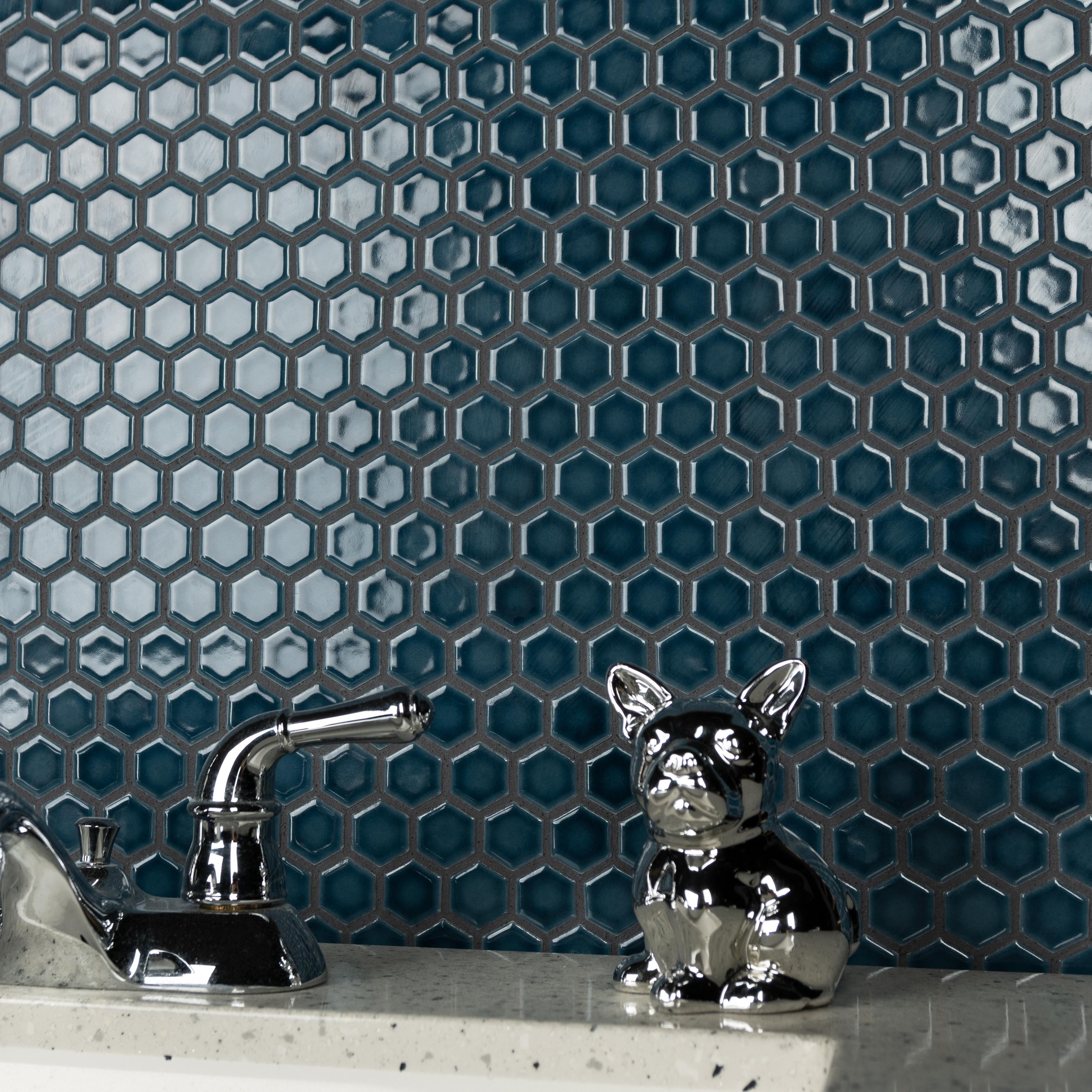 Somertile Tribeca Hex 1 In. Glacier Blue 10.25X11.88 Inch Porcelain Mosaic Tile 10 Tiles 8.65 Sqft. Case