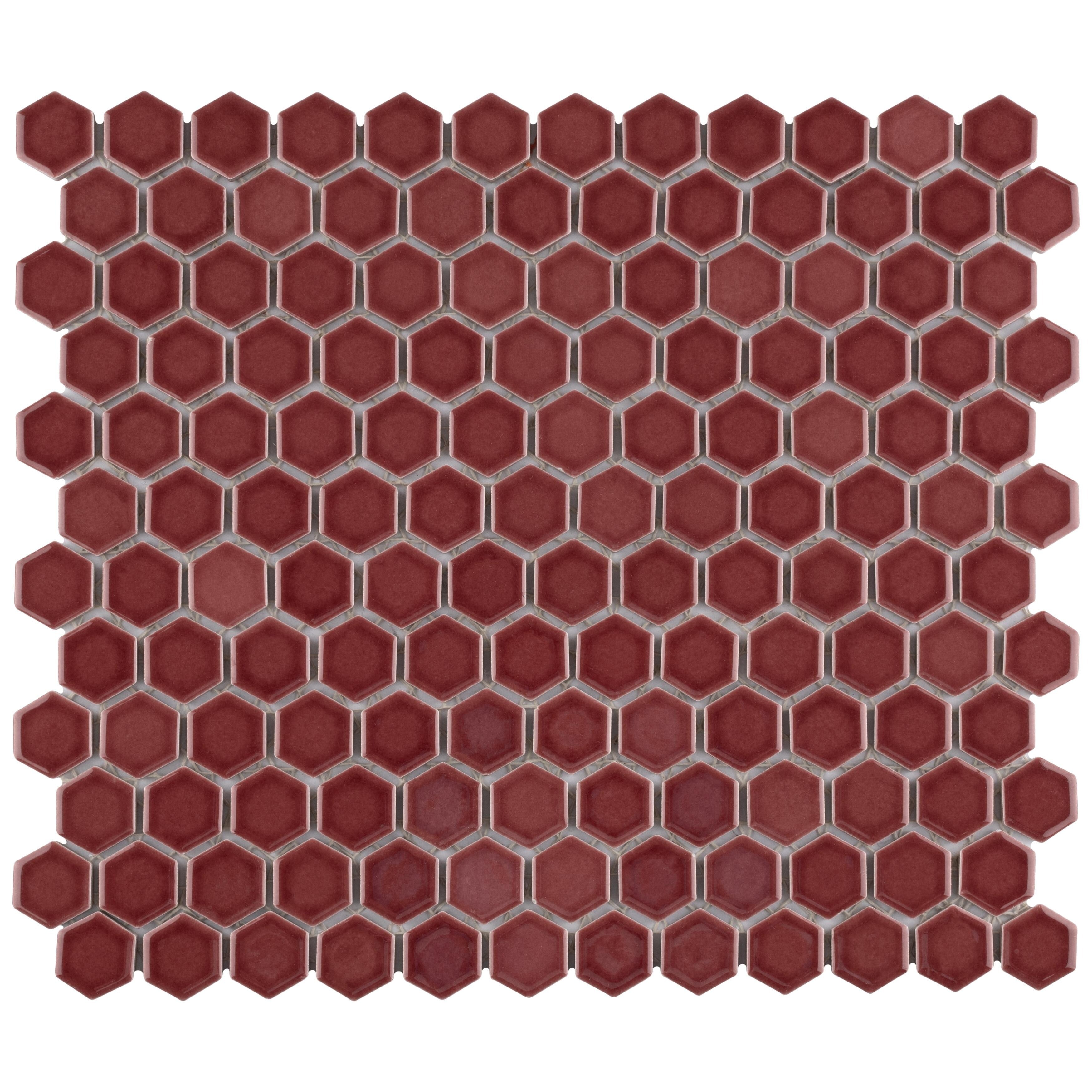Somertile Tribeca 1 In. Hex Glossy Rusty Red 12.63X10.63 Inch Porcelain Mosaic Tile 10 Tiles 8.65 Sqft. Case