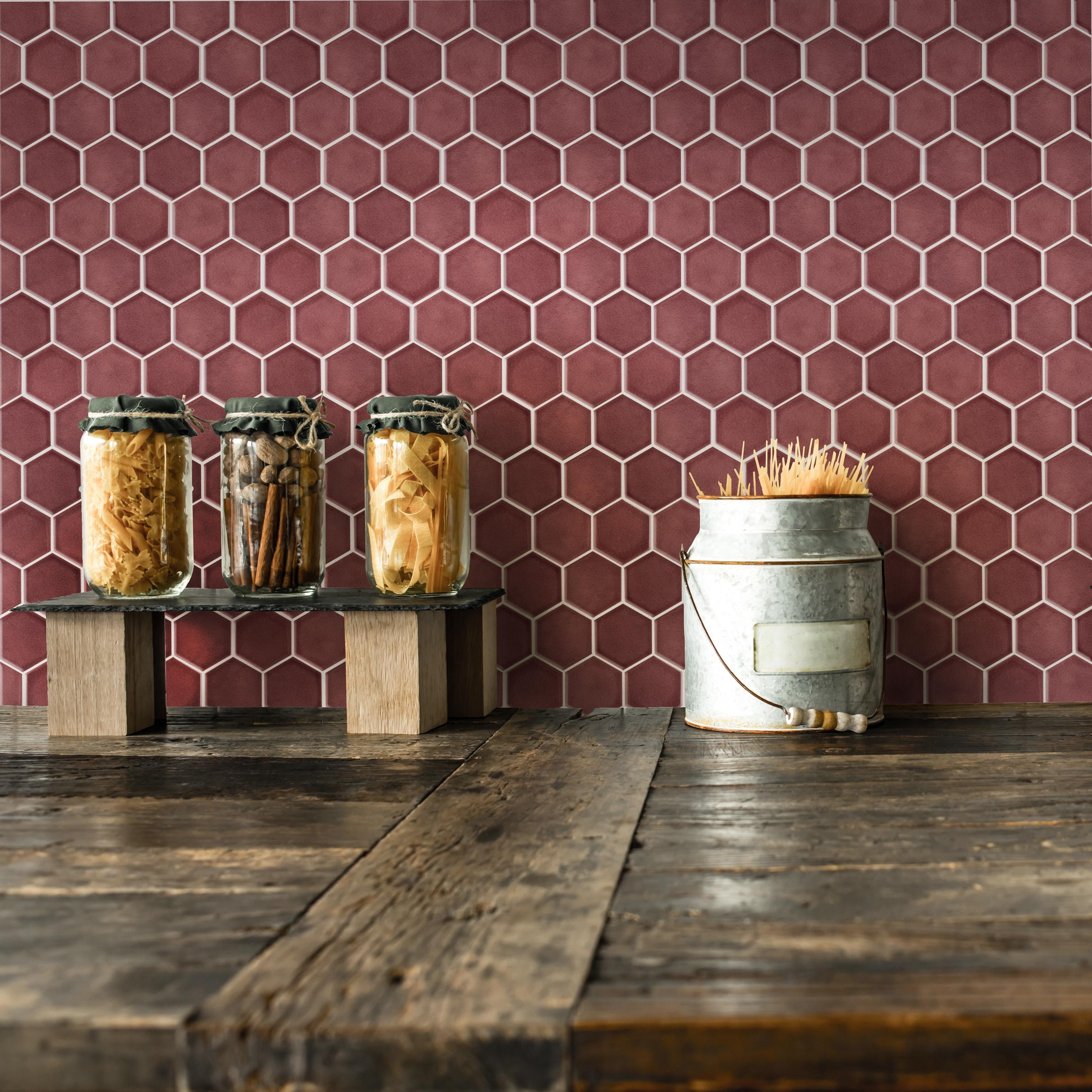 Somertile 11.125 X 12.625 Inch Tribeca 2 Inch Hex Glossy Rusty Red Porcelain Mosaic Floor And Wall Tile 10 Tiles 9.96 Sqft.