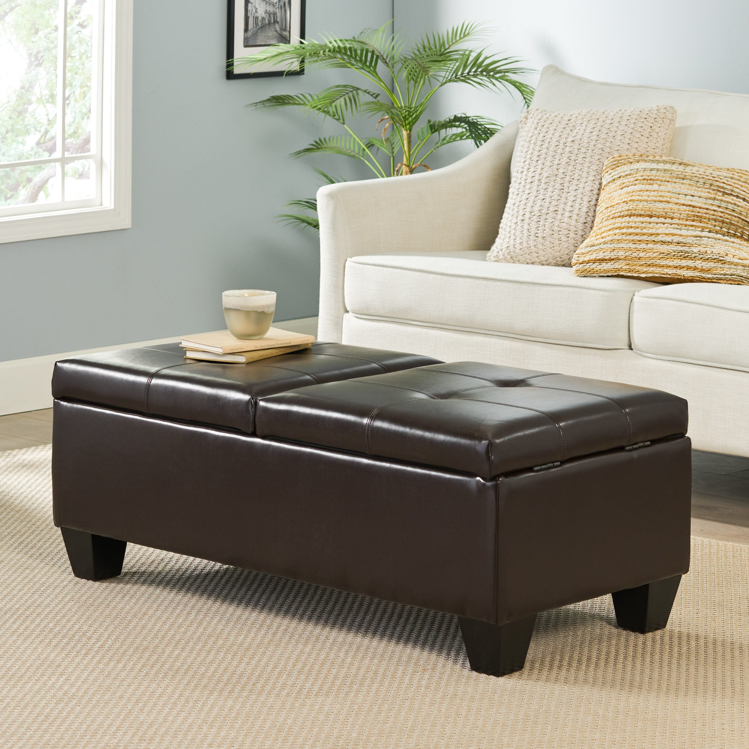 Merrill Double Opening Chocolate Brown Leather Storage Ottoman By Christopher Knight Home