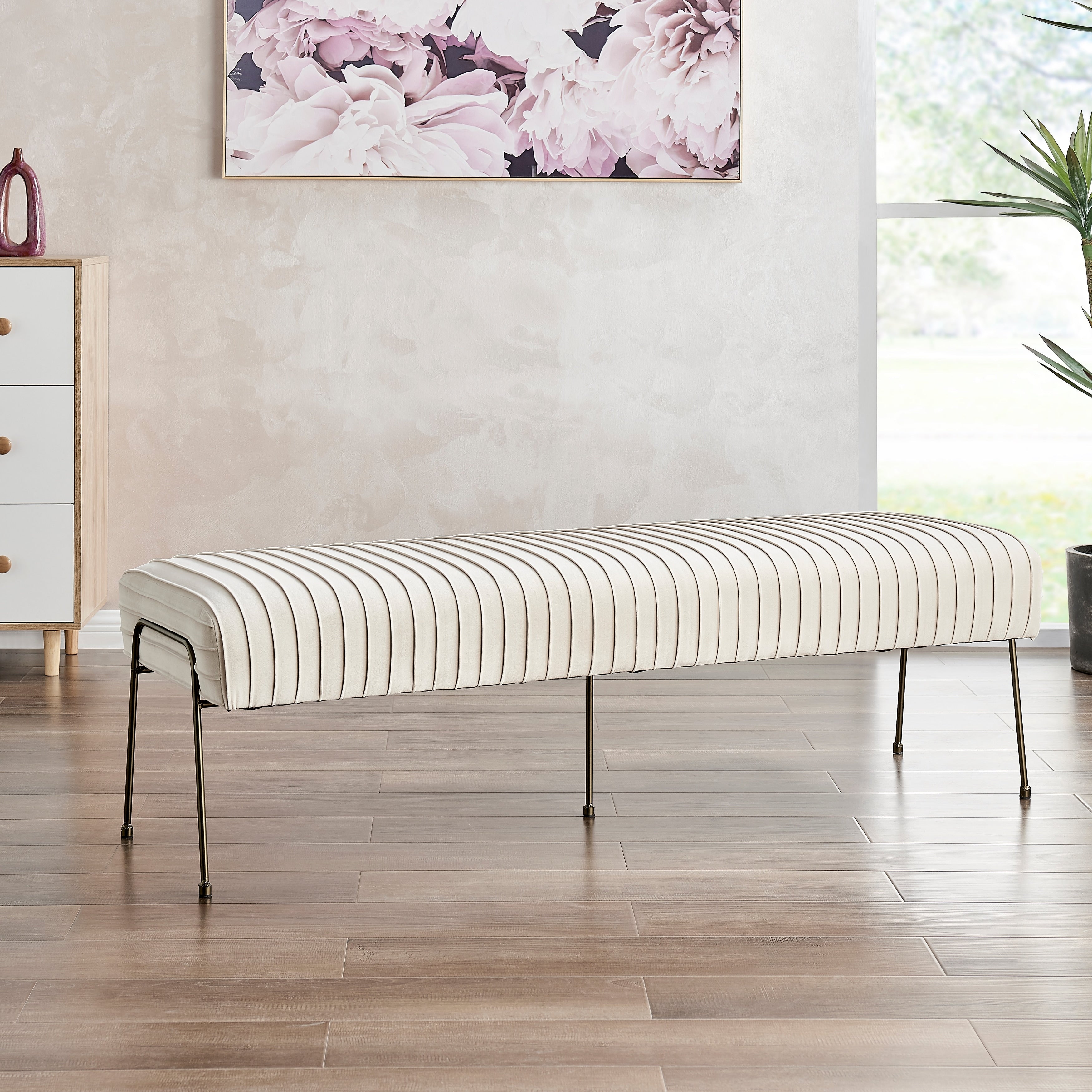 Merritt Velvet Fabric Pleated Bench.
