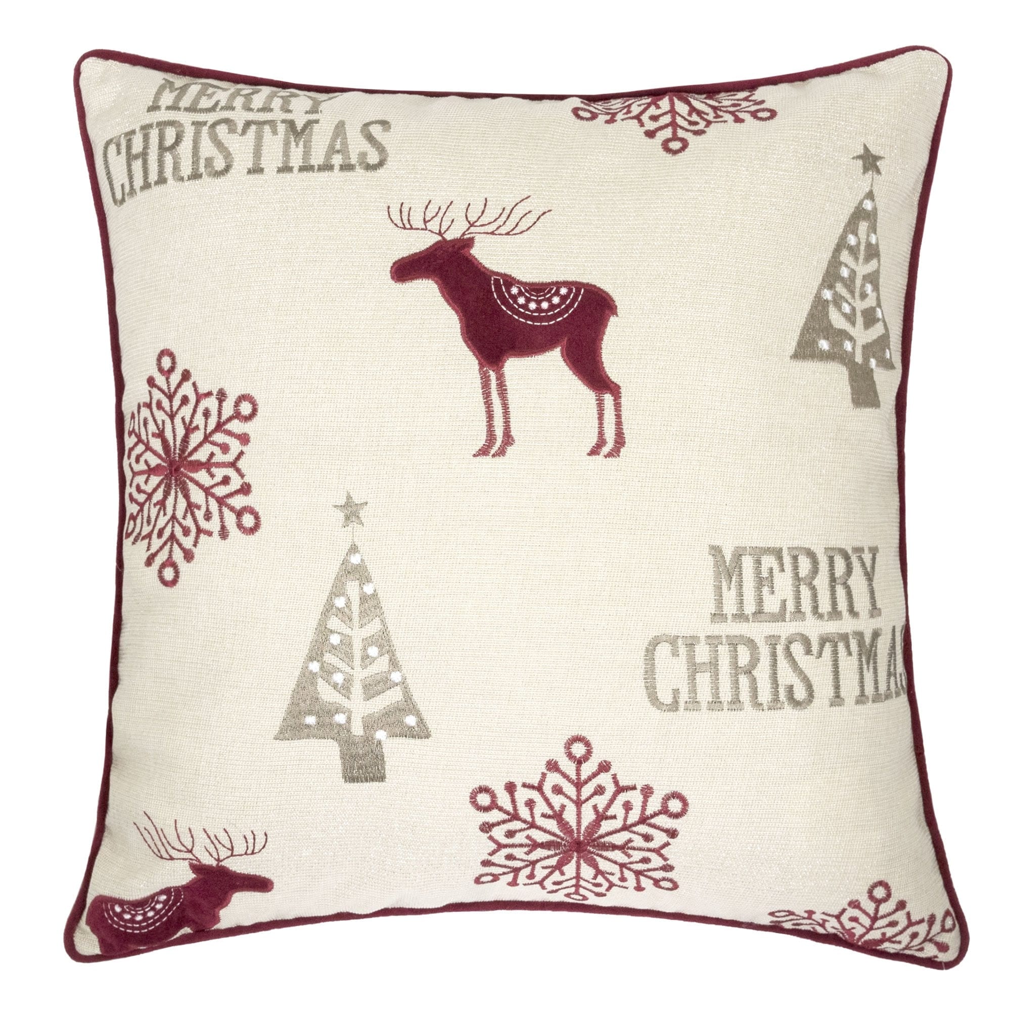 Merry Christmas Embroidered Poly Linen Throw Pillow 20X20 Holiday Cushion With Reindeer Trees Snowflakes Set Of 2