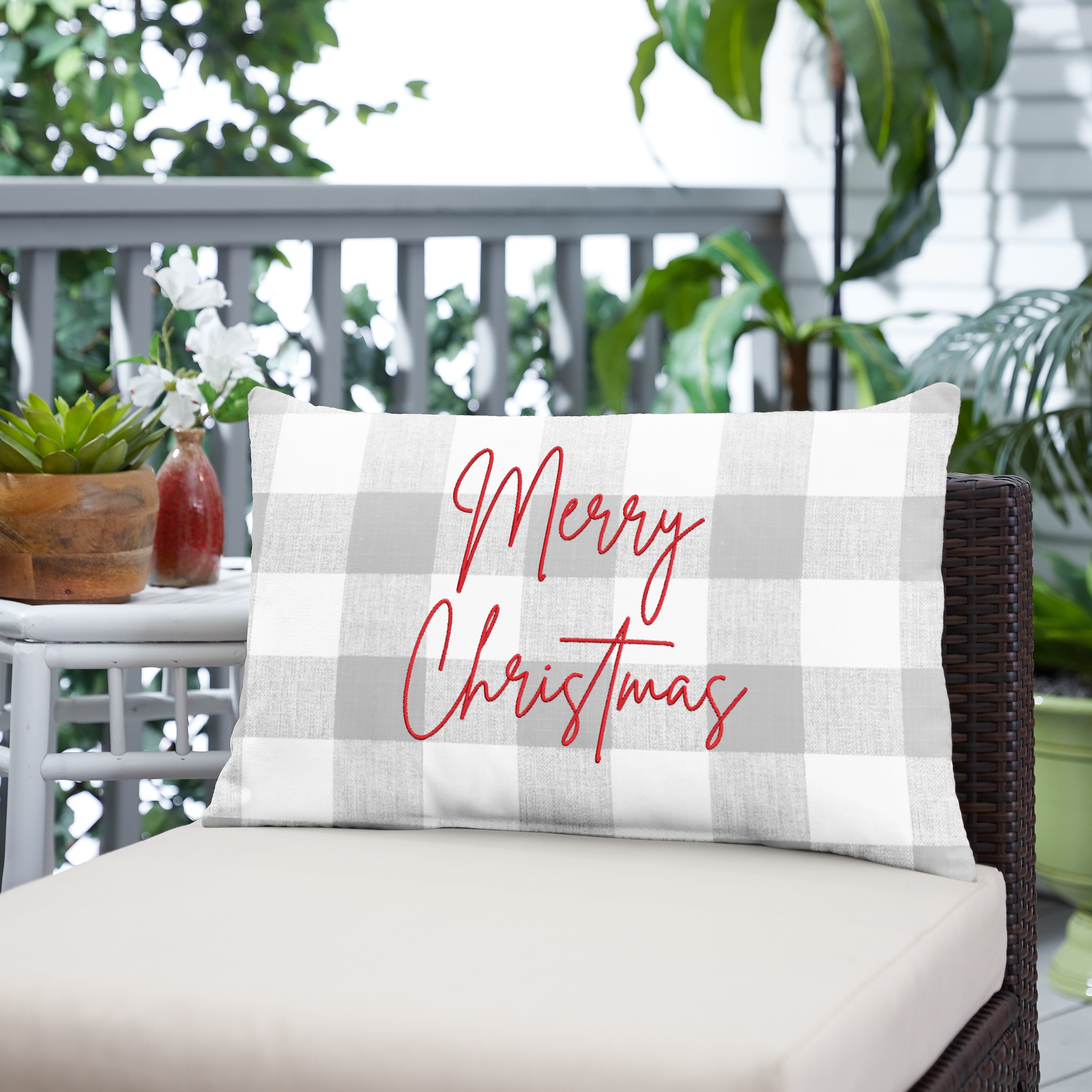 Merry Christmas Grey Buffalo Plaid Indoor Outdoor Pillow 13 In X 20 In